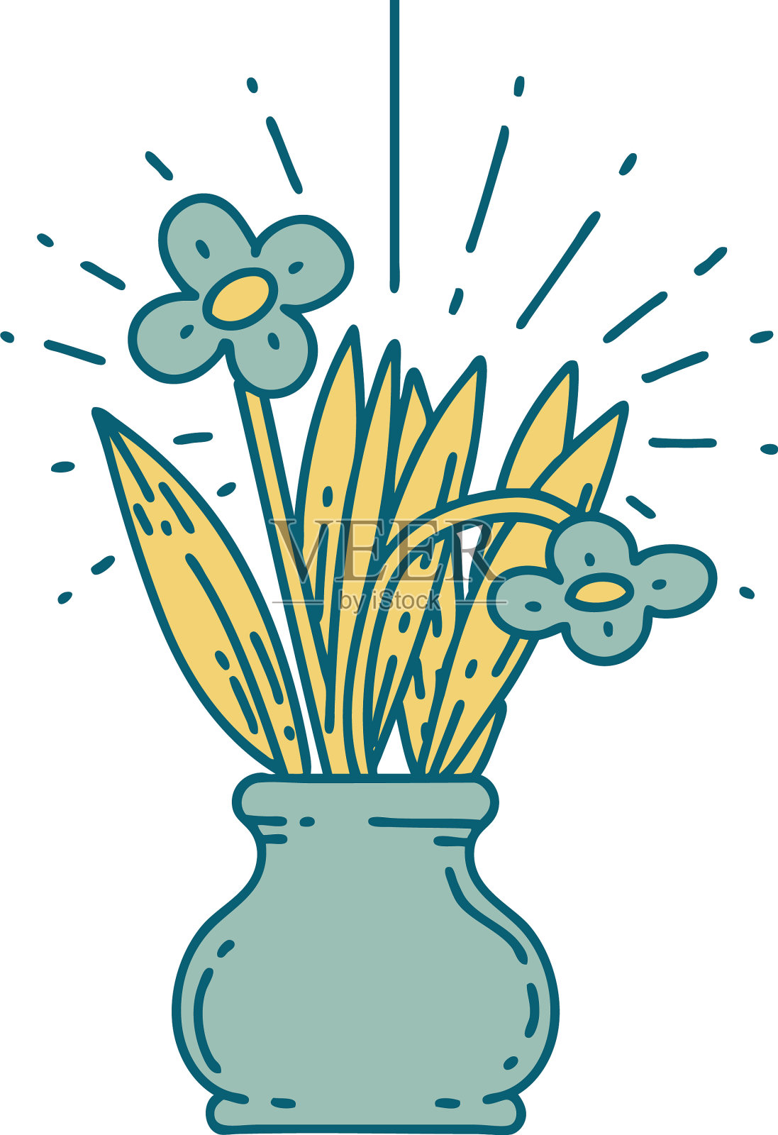 传统纹身风格的花在花瓶插画图片素材