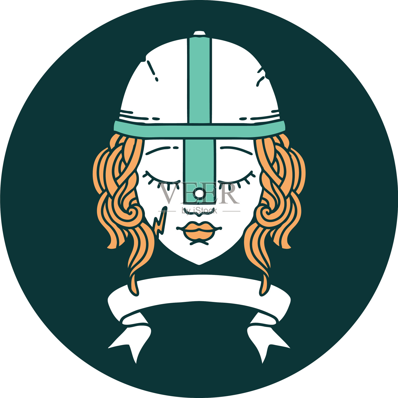 带有滚动旗帜图标的人类战士角色插画图片素材