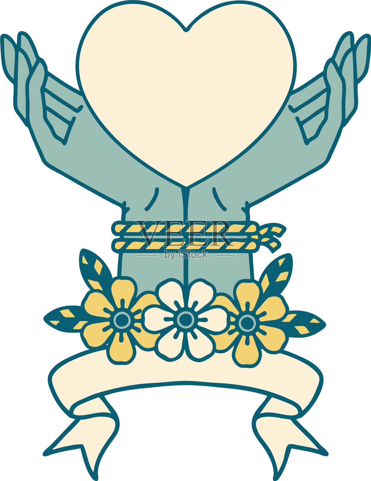 纹身上有绑着旗帜的手和一颗心设计元素图片