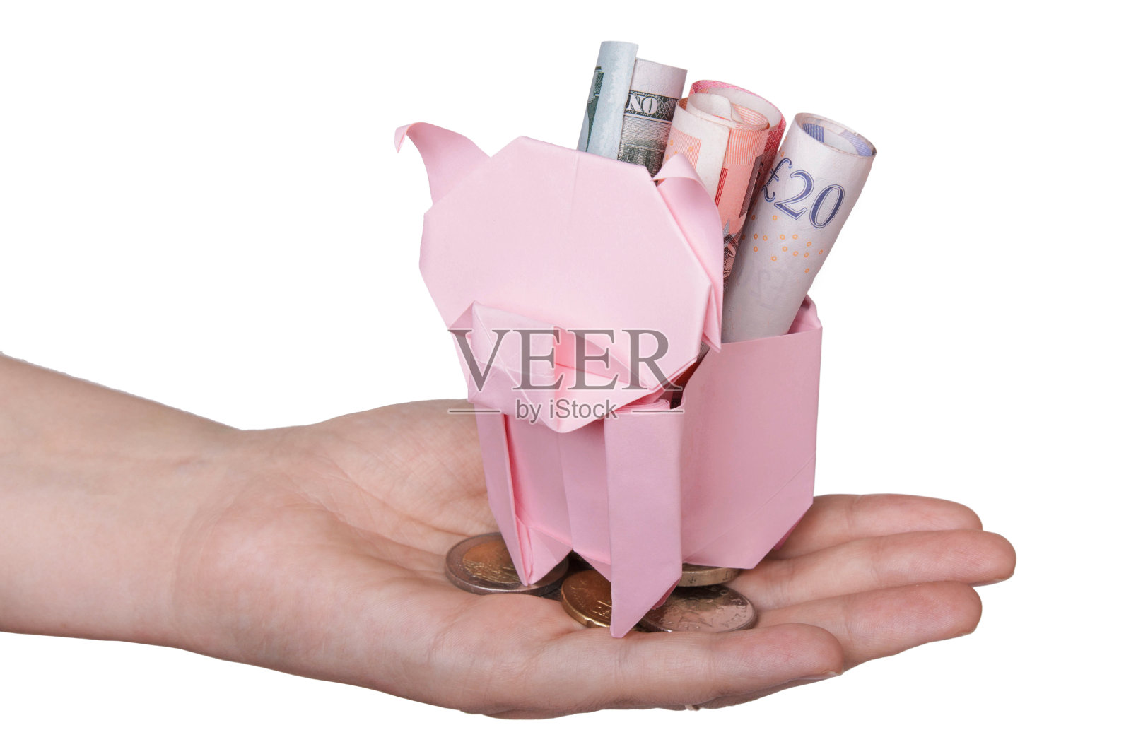 小猪储蓄罐抬头找硬币孤立上白照片摄影图片