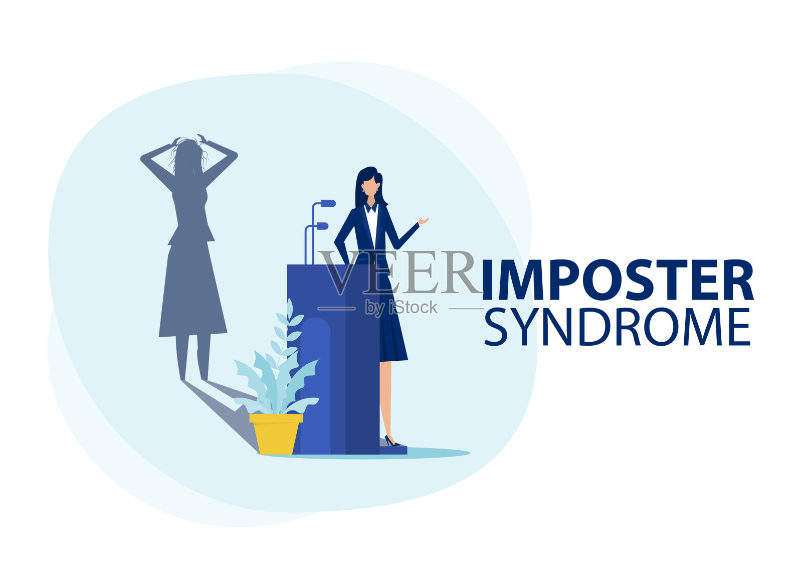 冒名顶替者综合症。女人站在她现在的侧面，身后是恐惧的阴影。工作中焦虑和缺乏自信，人造假是别人的概念插画图片素材