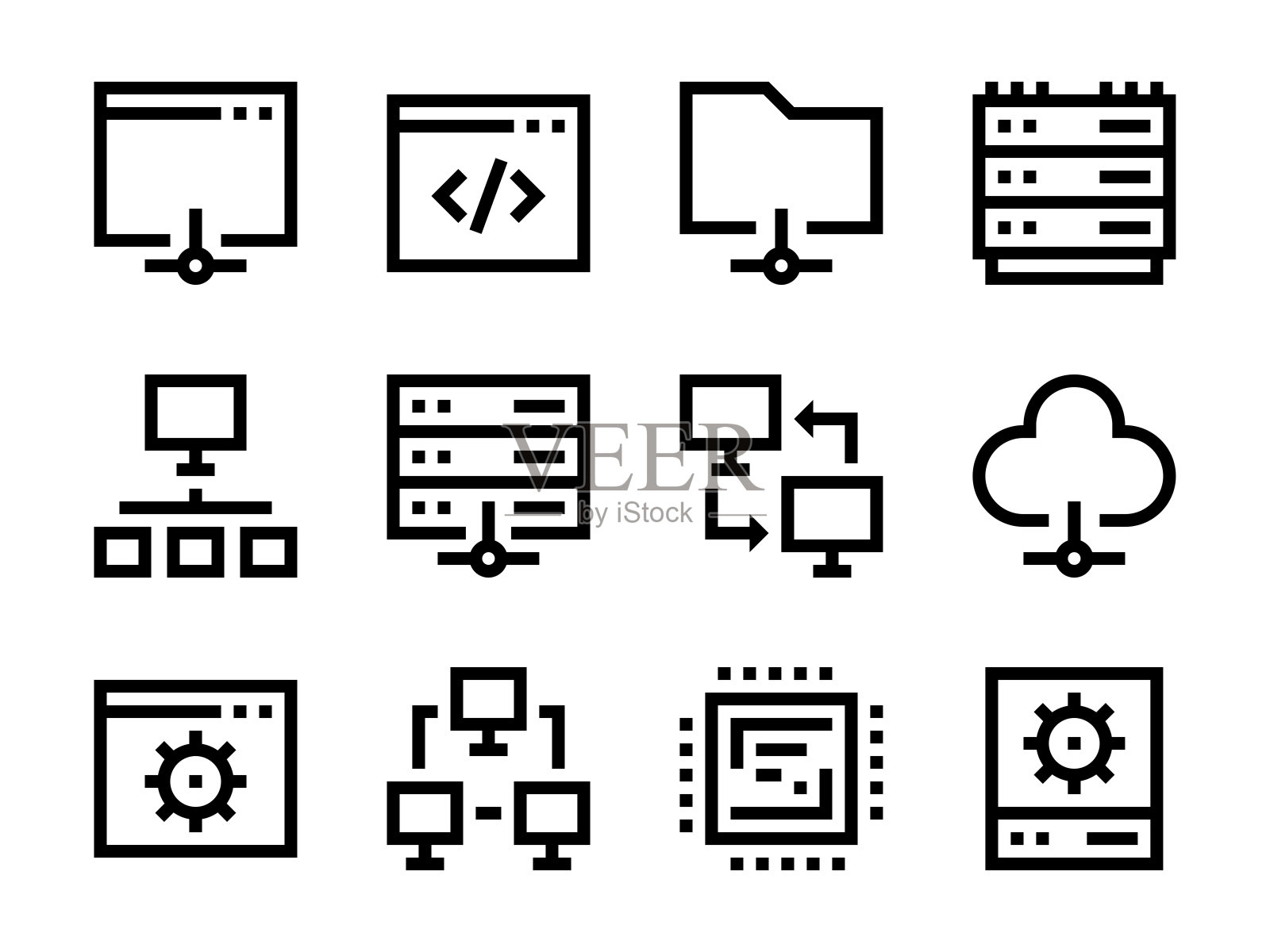 服务器和数据矢量图标。计算机和网络发展大纲图标集。图标素材