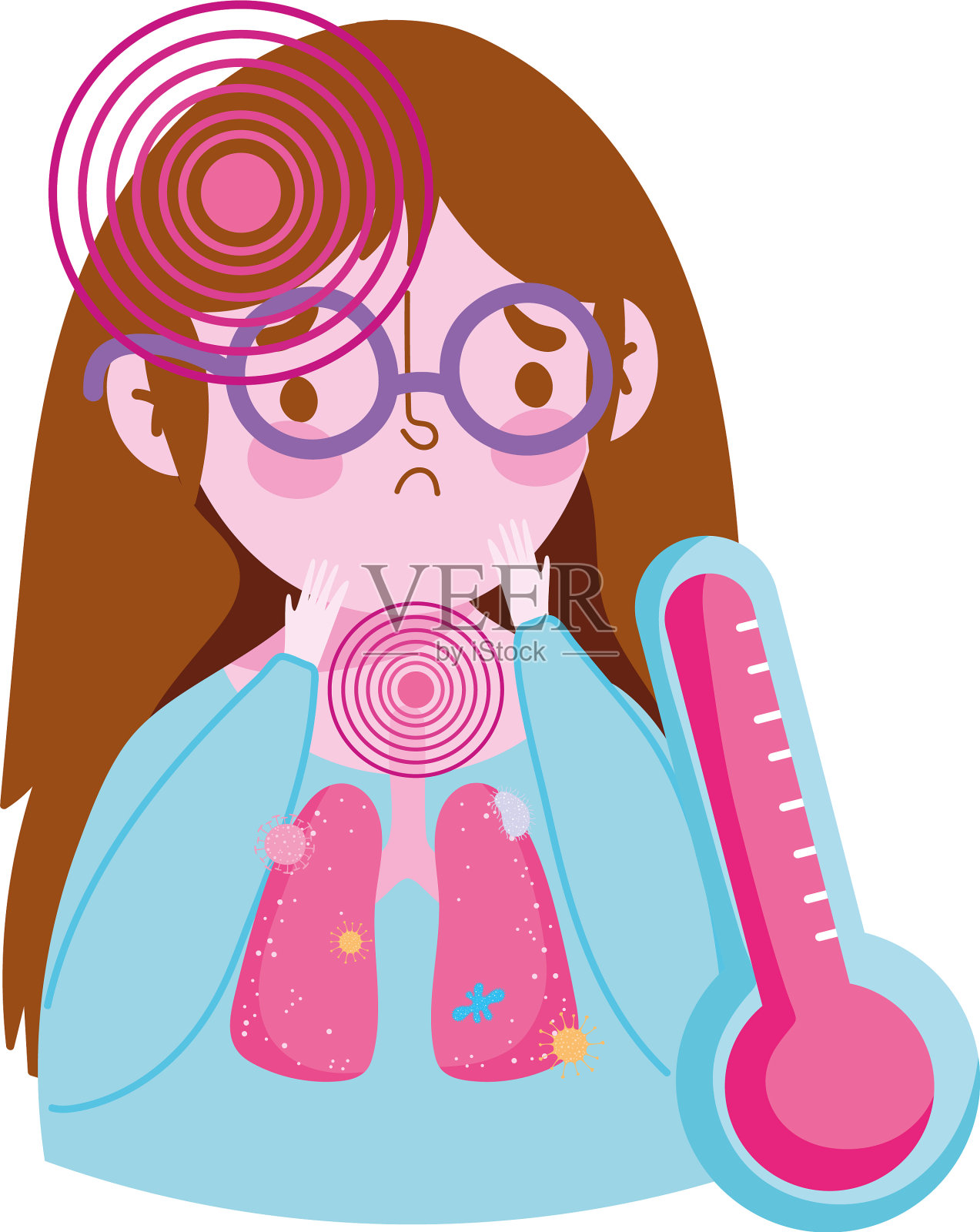 Covid - 19冠状病毒女孩症状发热头痛设计元素图片