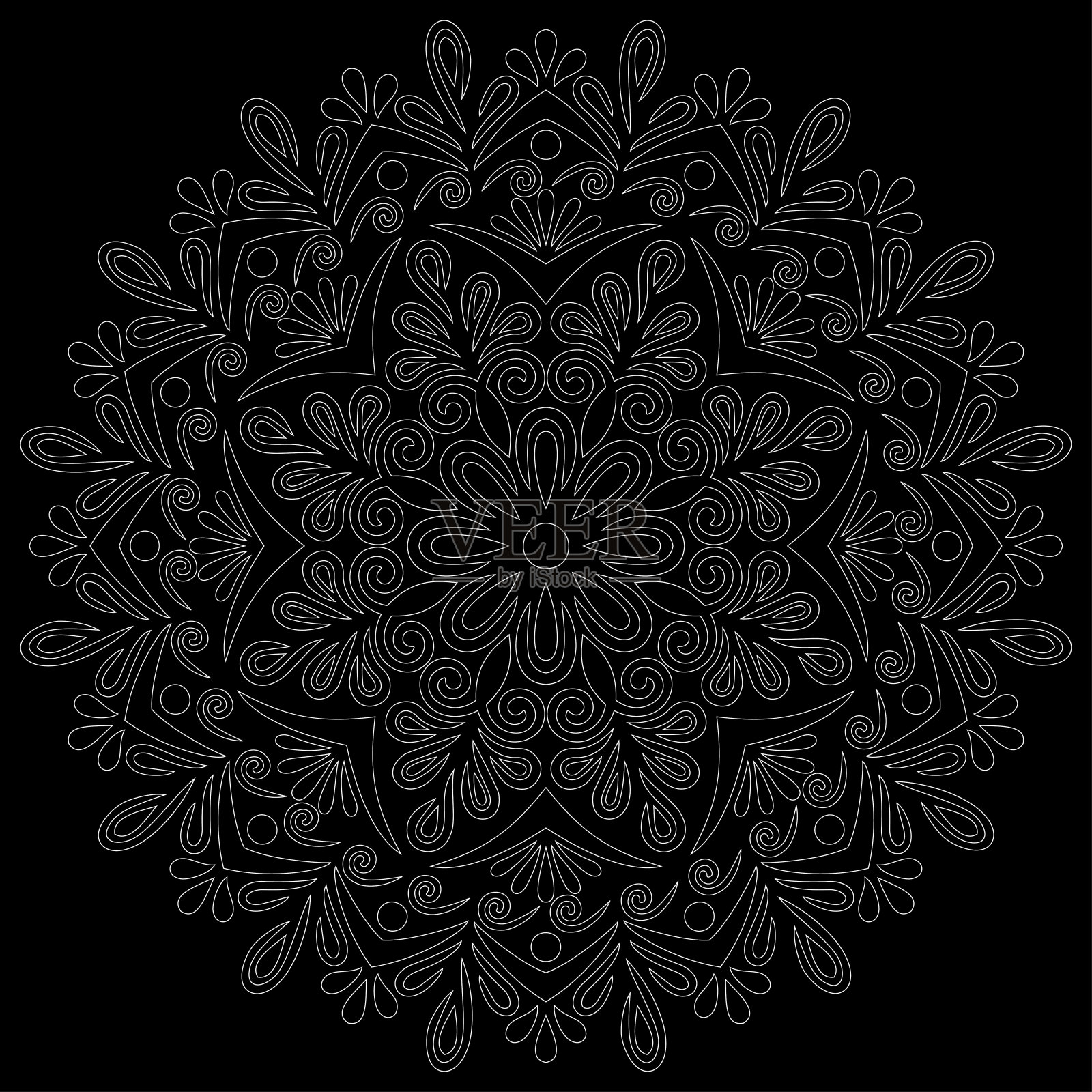 白色轮廓曼荼罗在黑色涂鸦素描插画图片素材