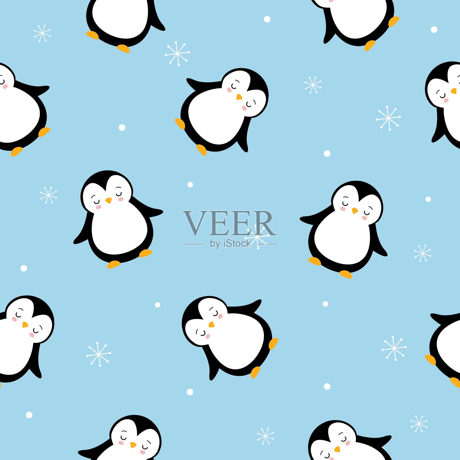 可爱的小企鹅与雪花无缝图案上的蓝色背景。有趣的孩子们设计的。插画图片素材