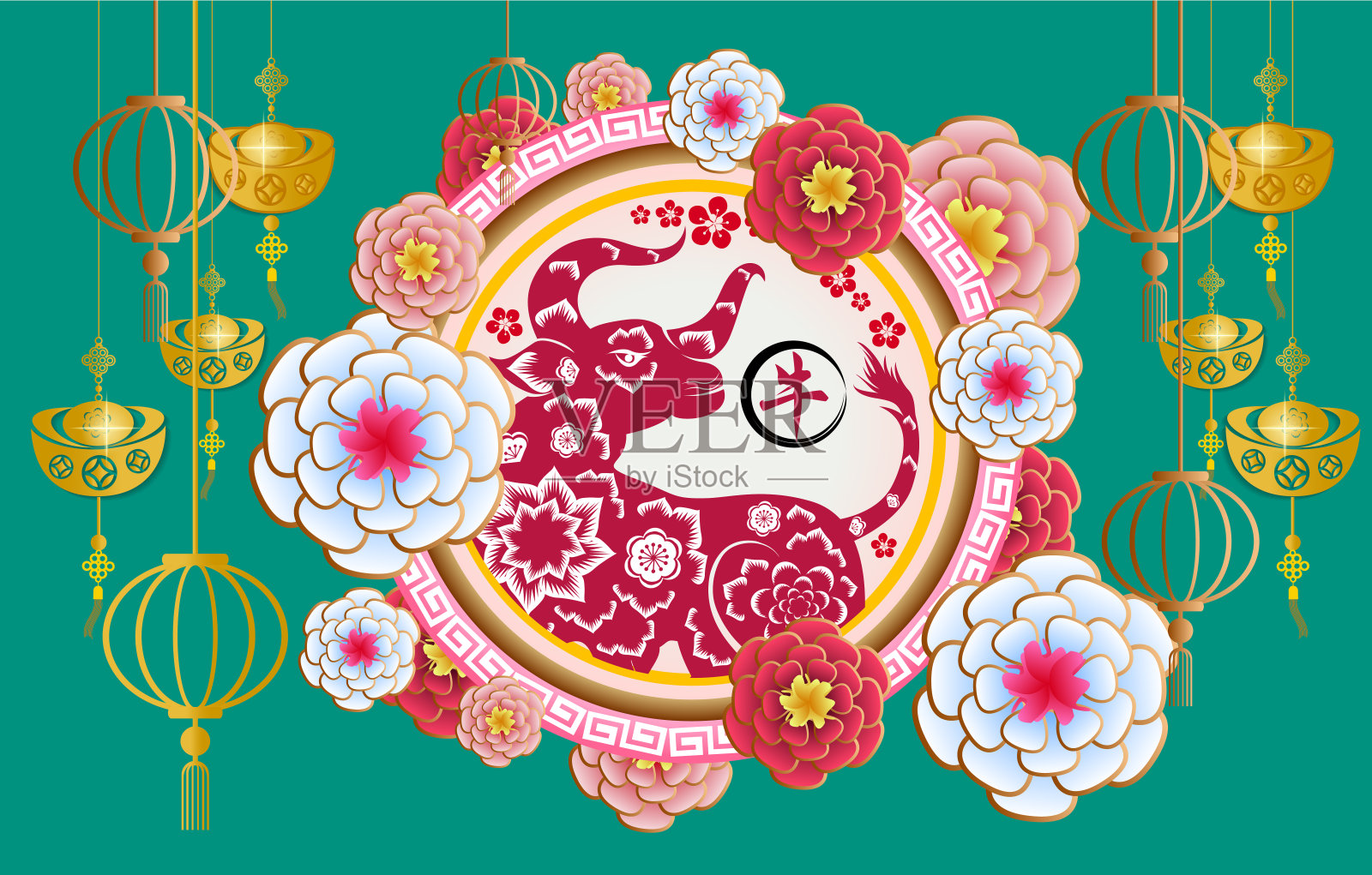 2021年农历新年快乐，牛年樱花盛开插画图片素材