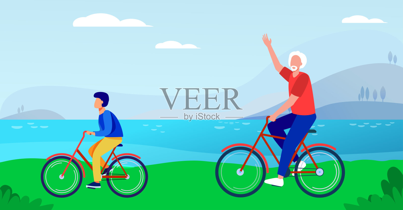 活跃的爷爷和孙子一起骑自行车插画图片素材