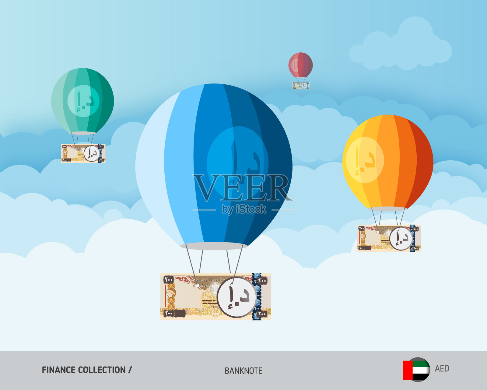 200张阿拉伯联合酋长国迪拉姆钞票的热气球。平面风格矢量插图。金融的概念。插画图片素材