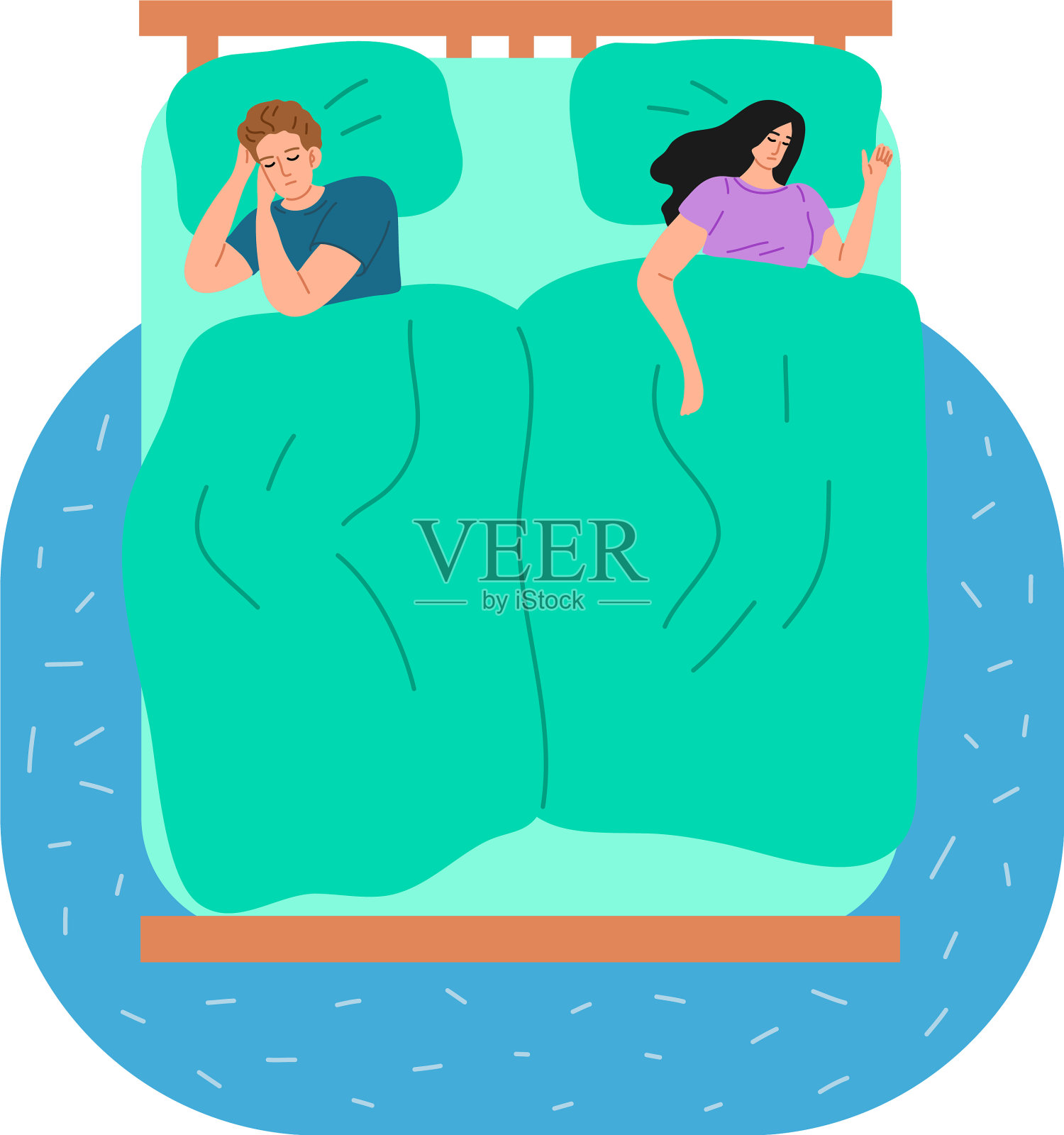 一对夫妇睡在一张床上，盖着绿色的毯子设计元素图片
