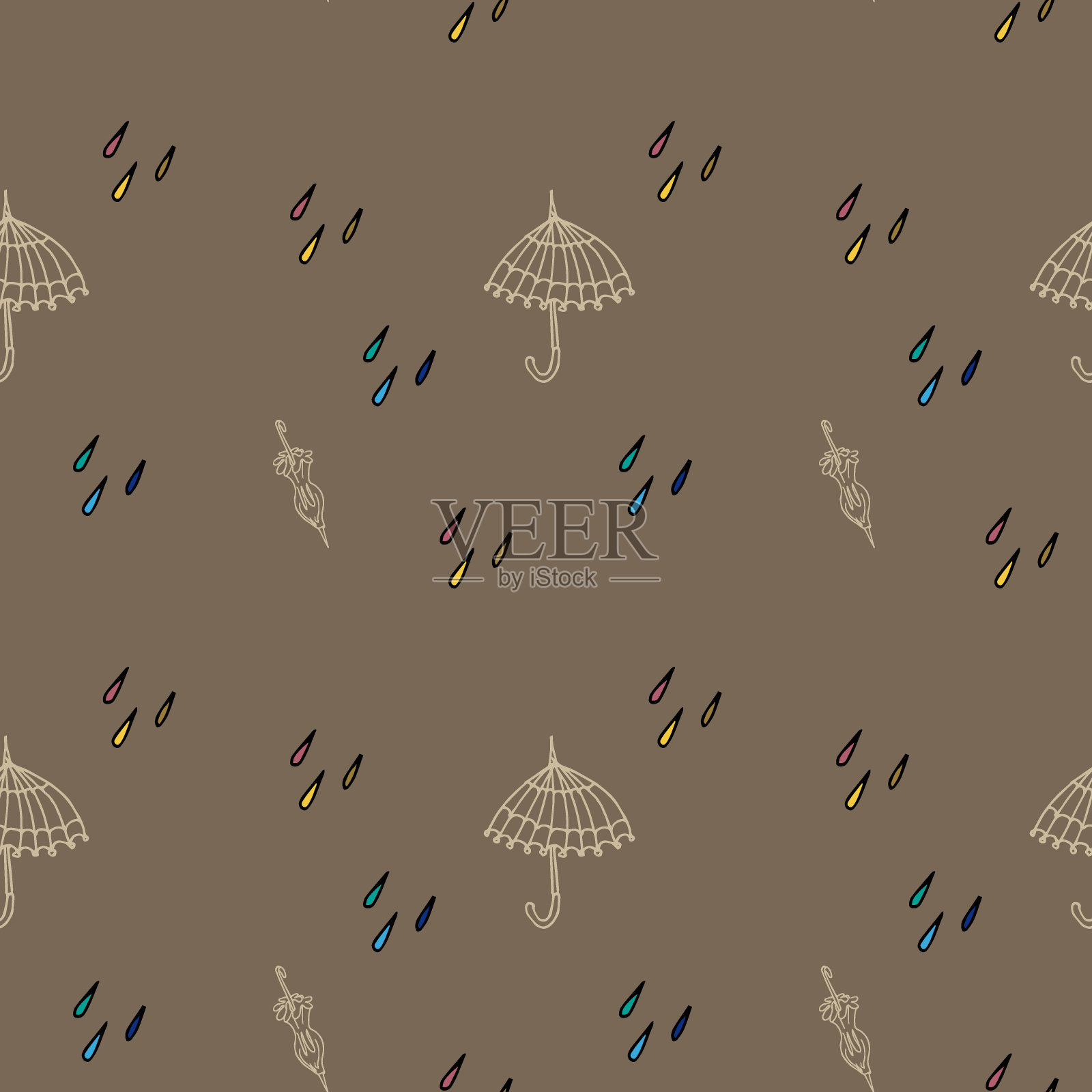 矢量无缝模式伞和彩色滴涂鸦风格在一个棕色的背景。插画图片素材