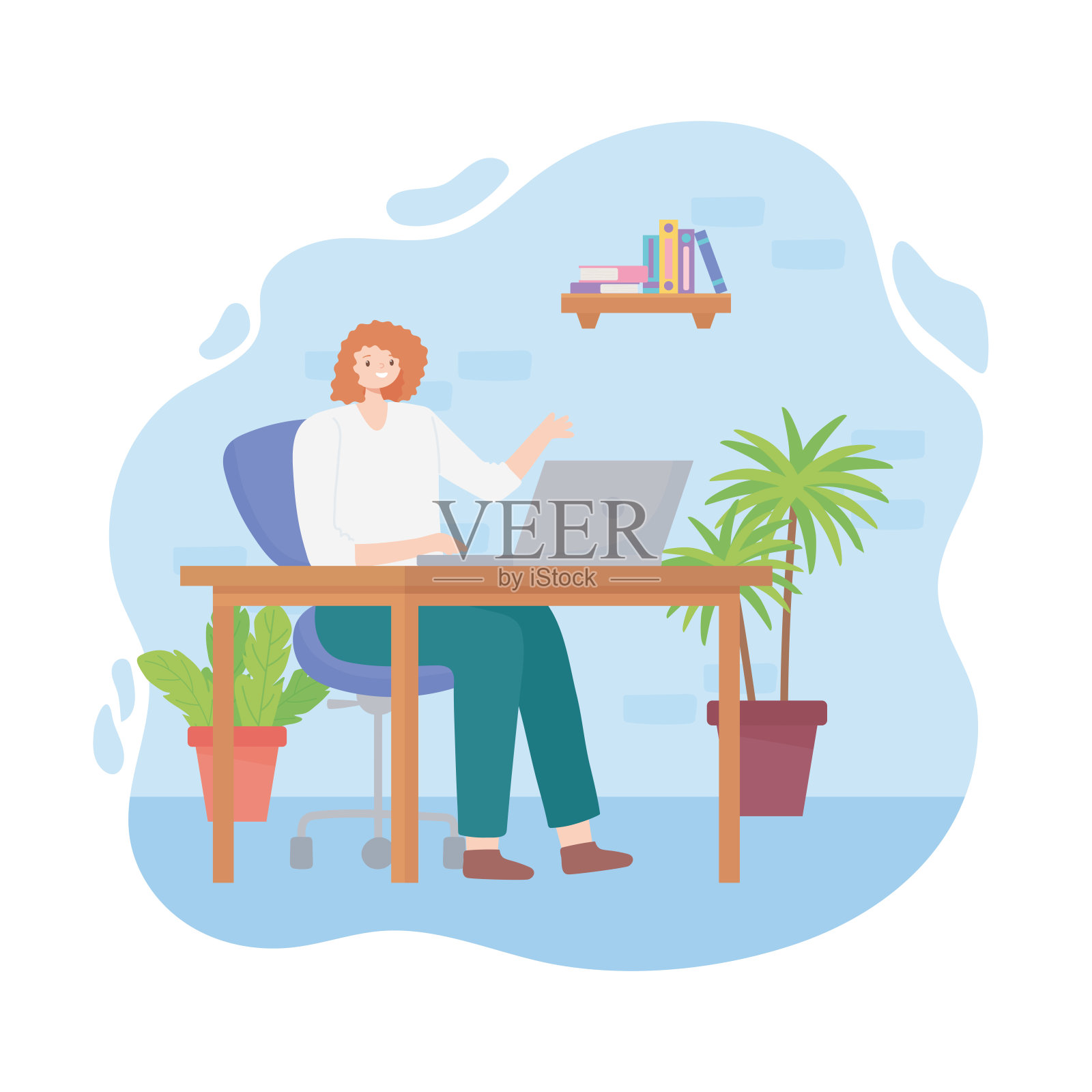 年轻女子在办公室里用笔记本电脑工作插画图片素材