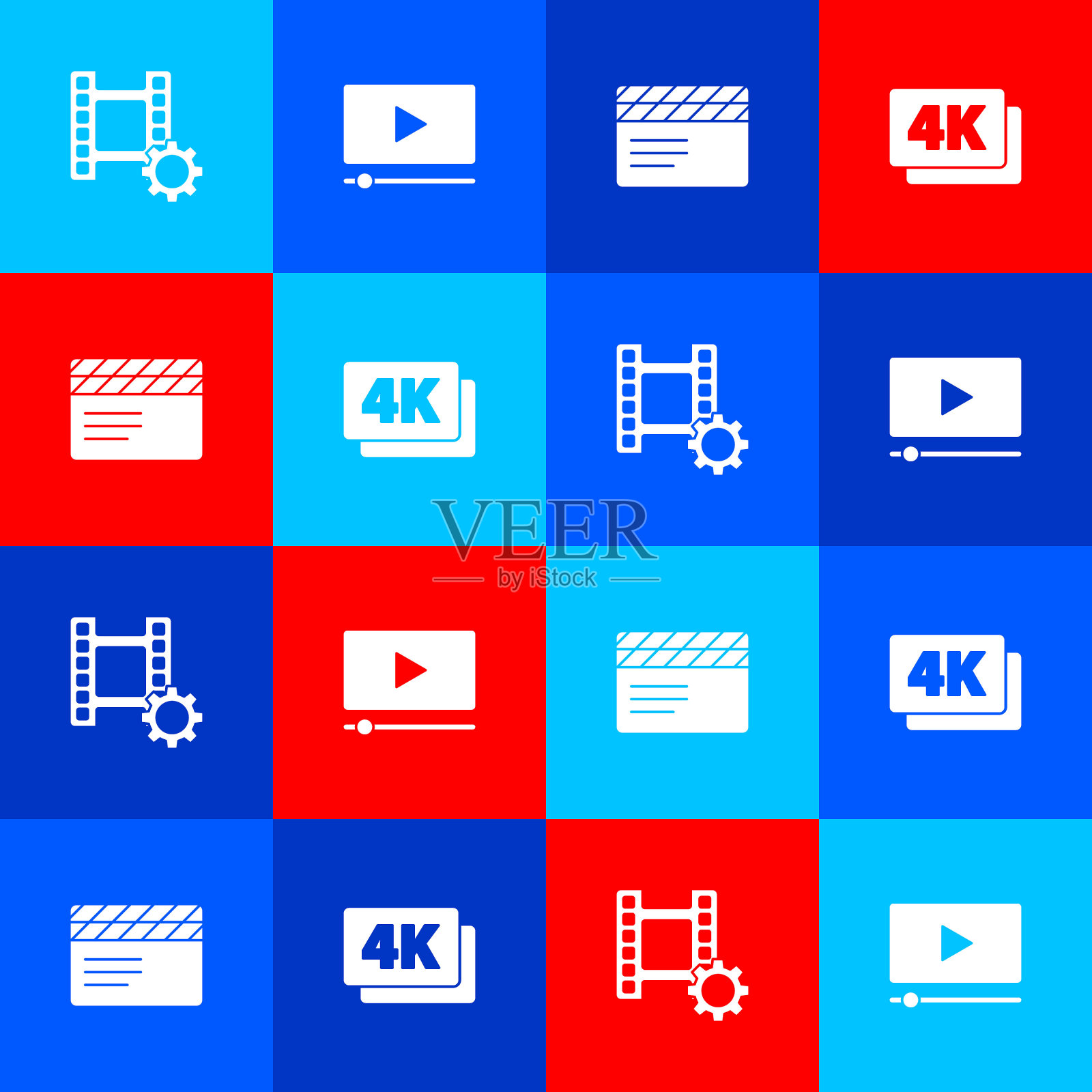 设置播放视频，在线播放视频，电影拍板和4k超高清图标。向量插画图片素材