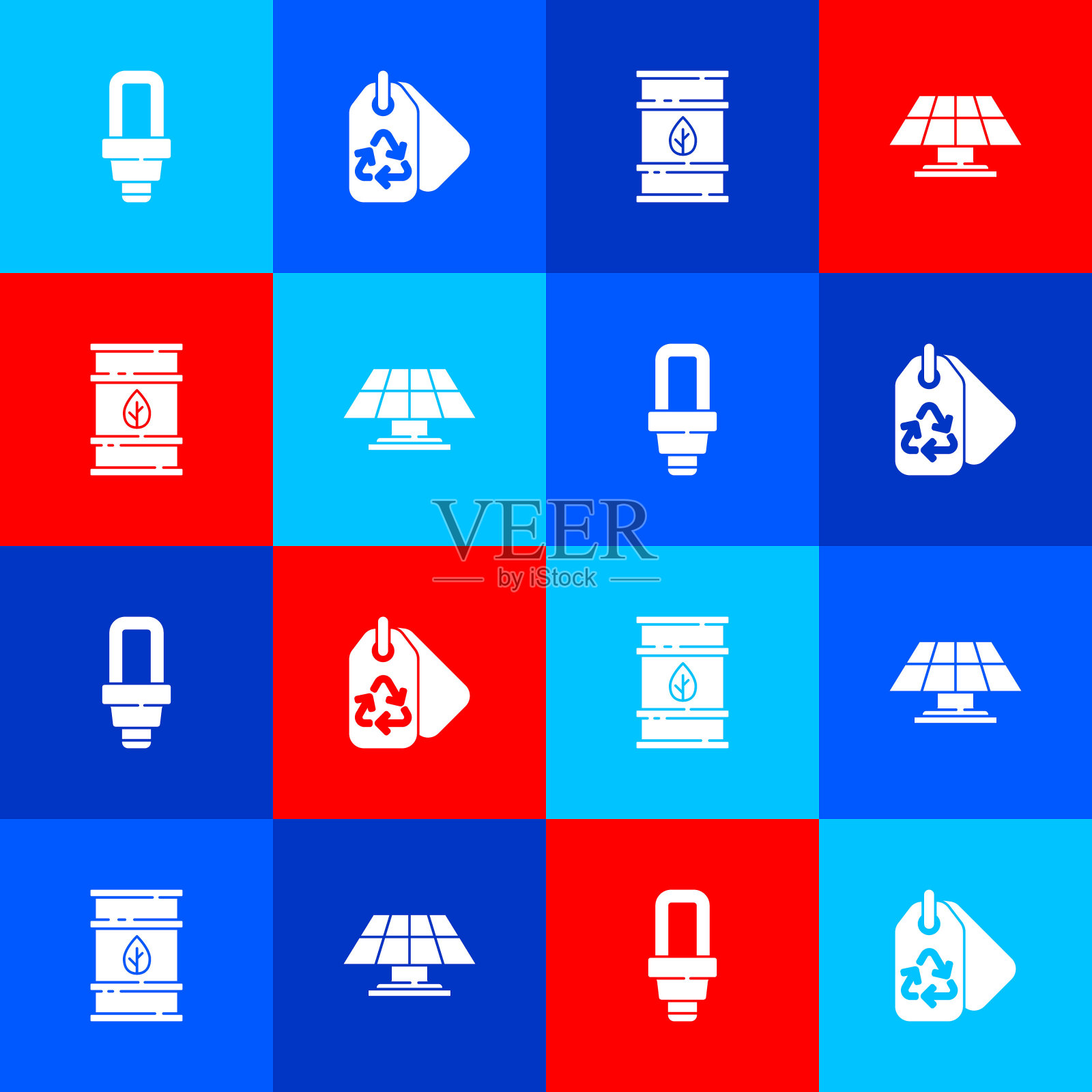 设置LED灯泡，标签回收，生物燃料桶和太阳能面板图标。向量插画图片素材