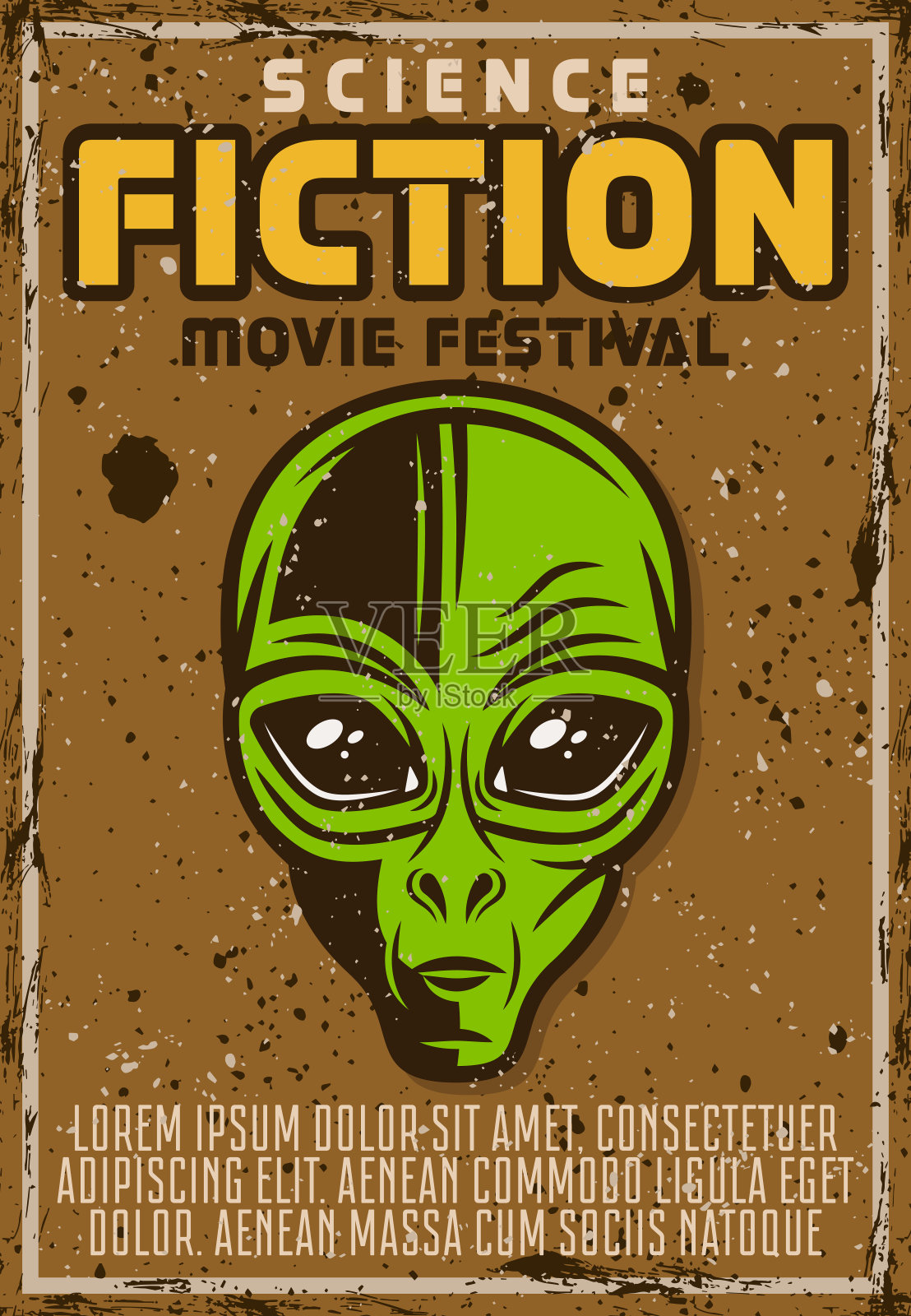 科幻电影电影节广告海报在复古风格与外星人头矢量插图。分层，独立的垃圾纹理和文本设计模板素材