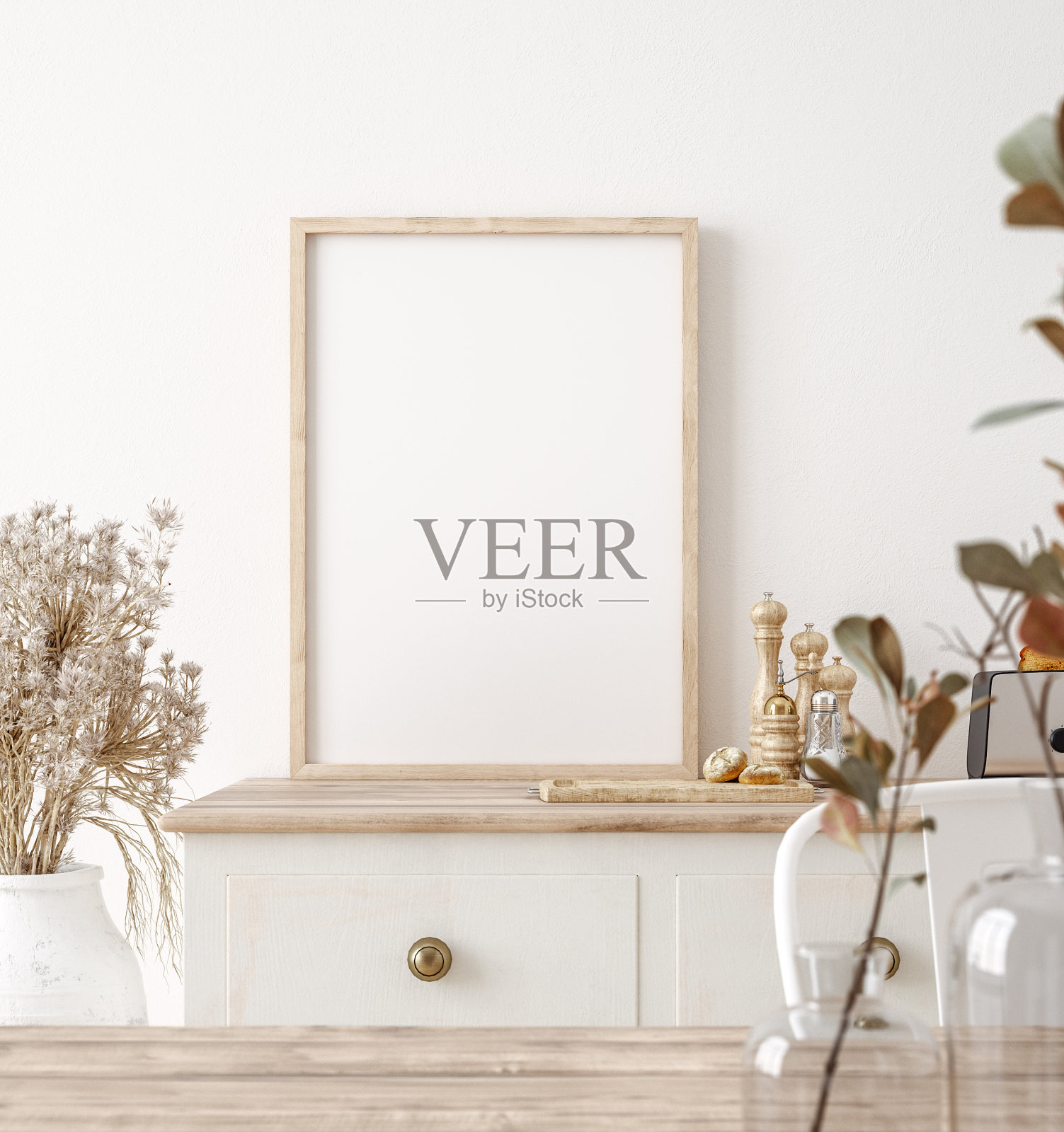 在厨房内部模拟海报框架，农舍风格照片摄影图片