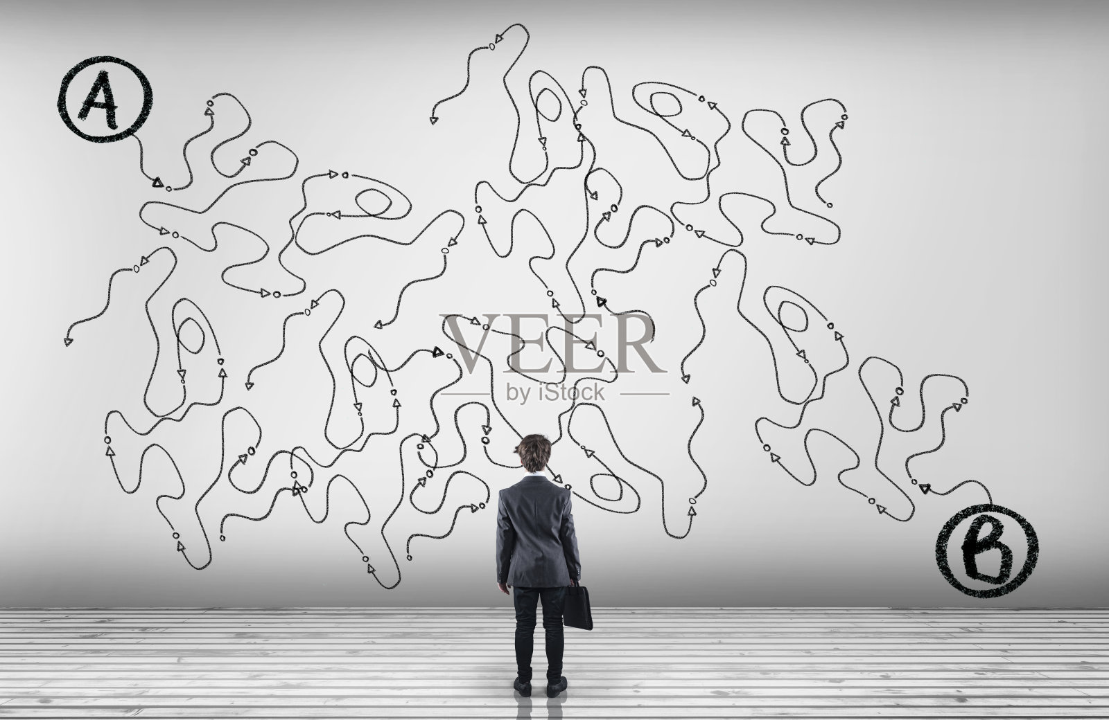 商人观察点到点b的复杂路径。照片摄影图片