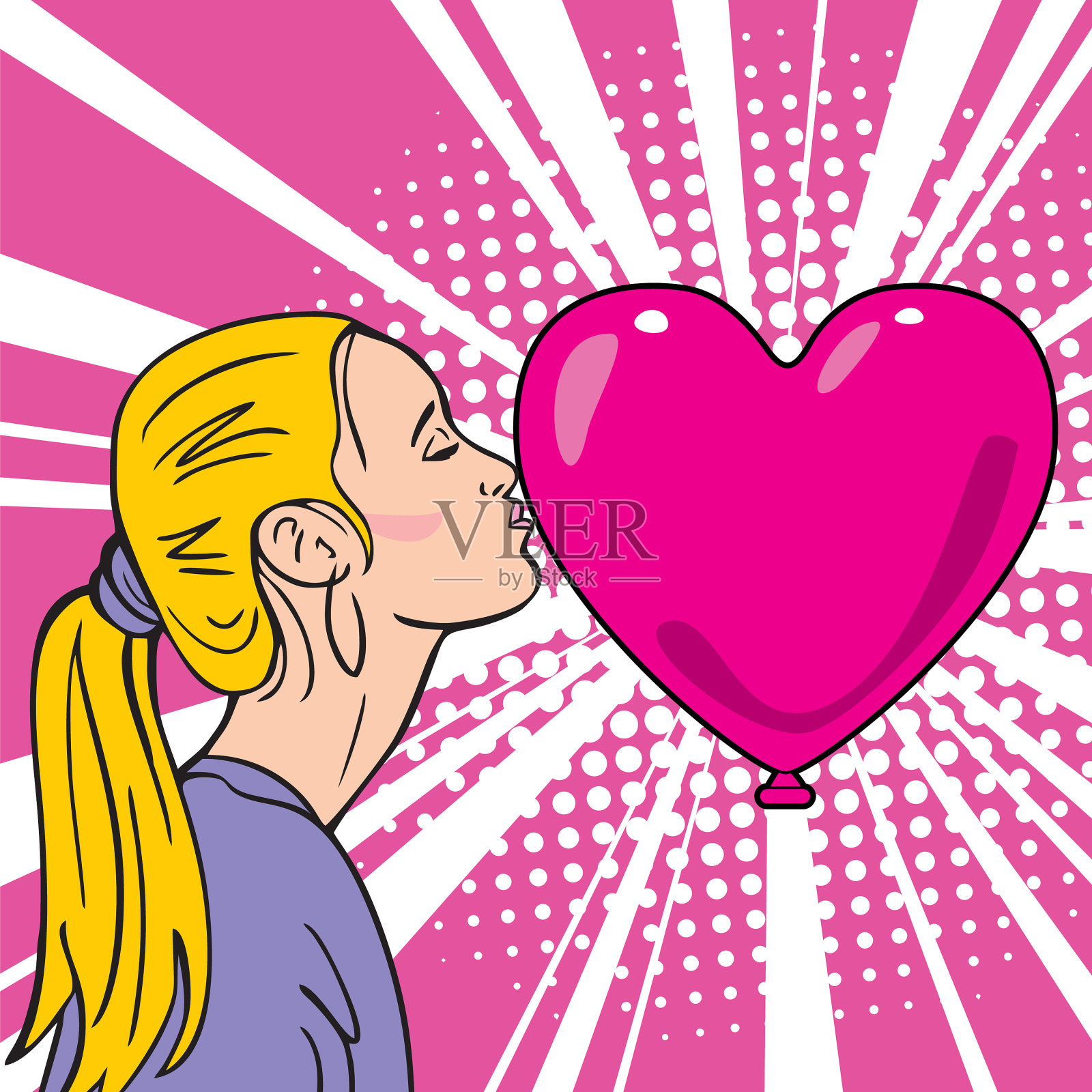 喜欢的时候女孩亲吻的心插画图片素材