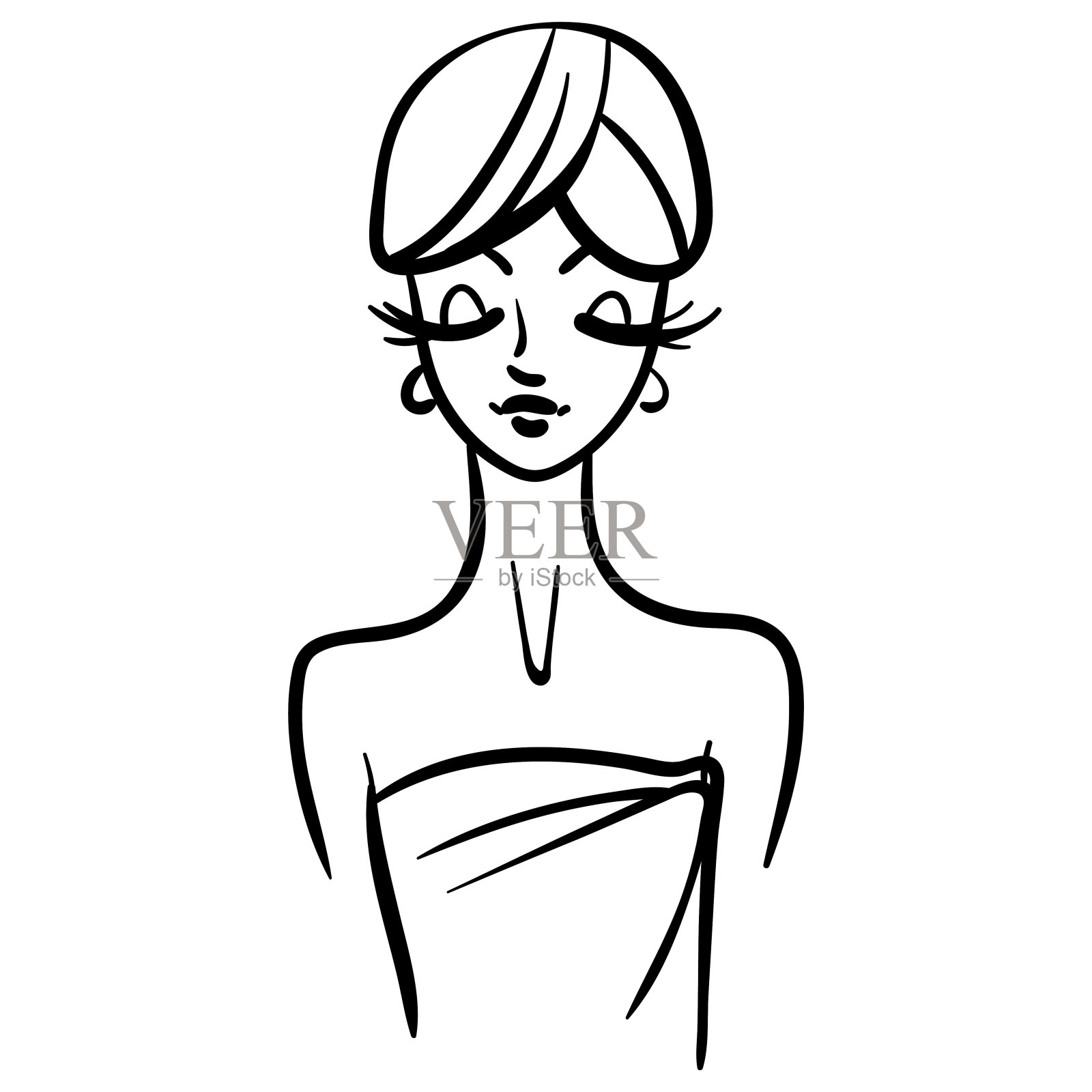 女人卡通线插图在浴巾插画图片素材