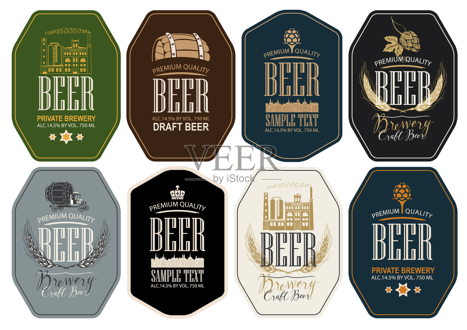 以复古风格设置啤酒和啤酒厂的标签插画图片素材