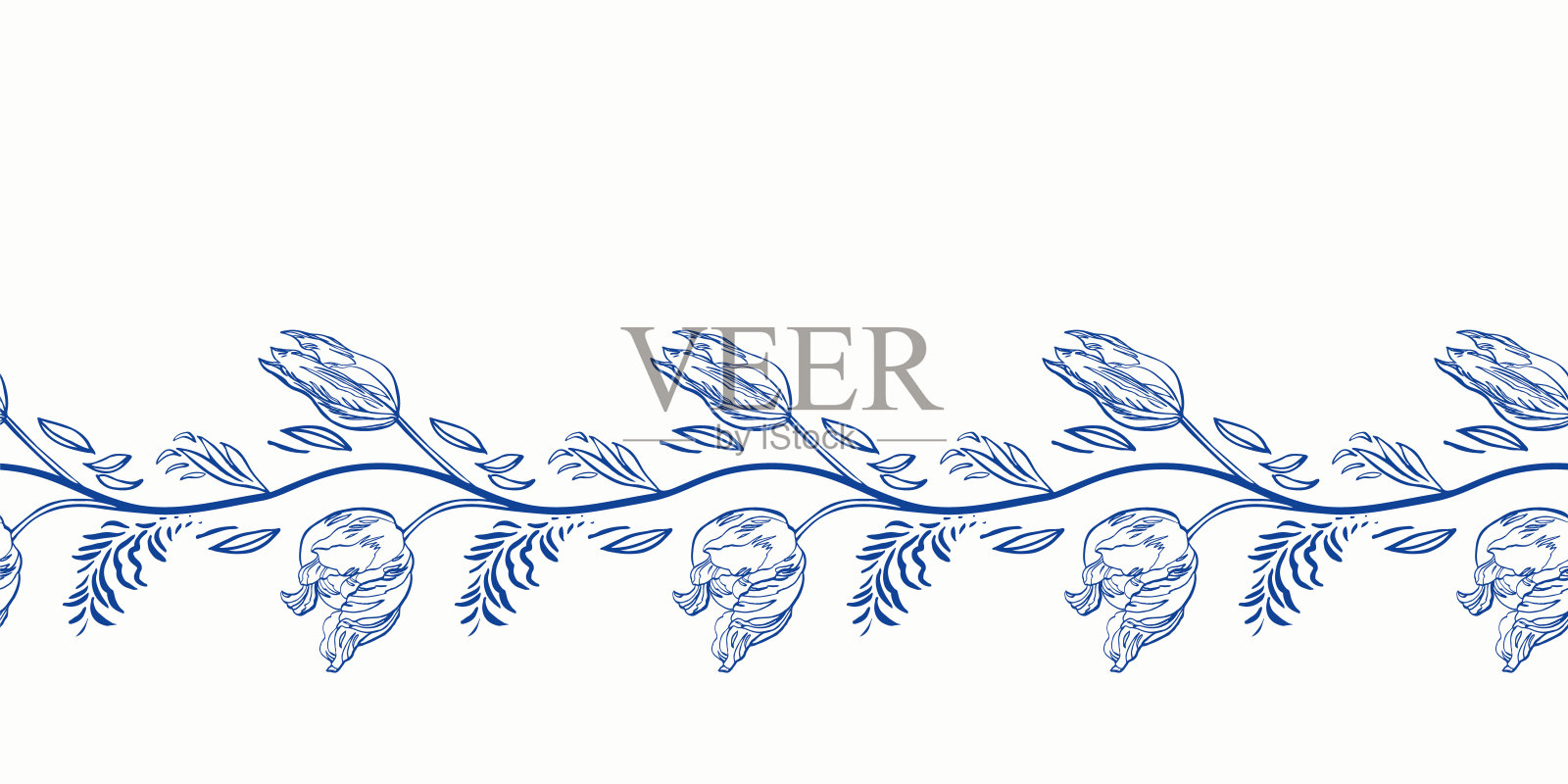 蓝色的古瓷郁金香镶边。优雅的手绘花卉设计。插画图片素材