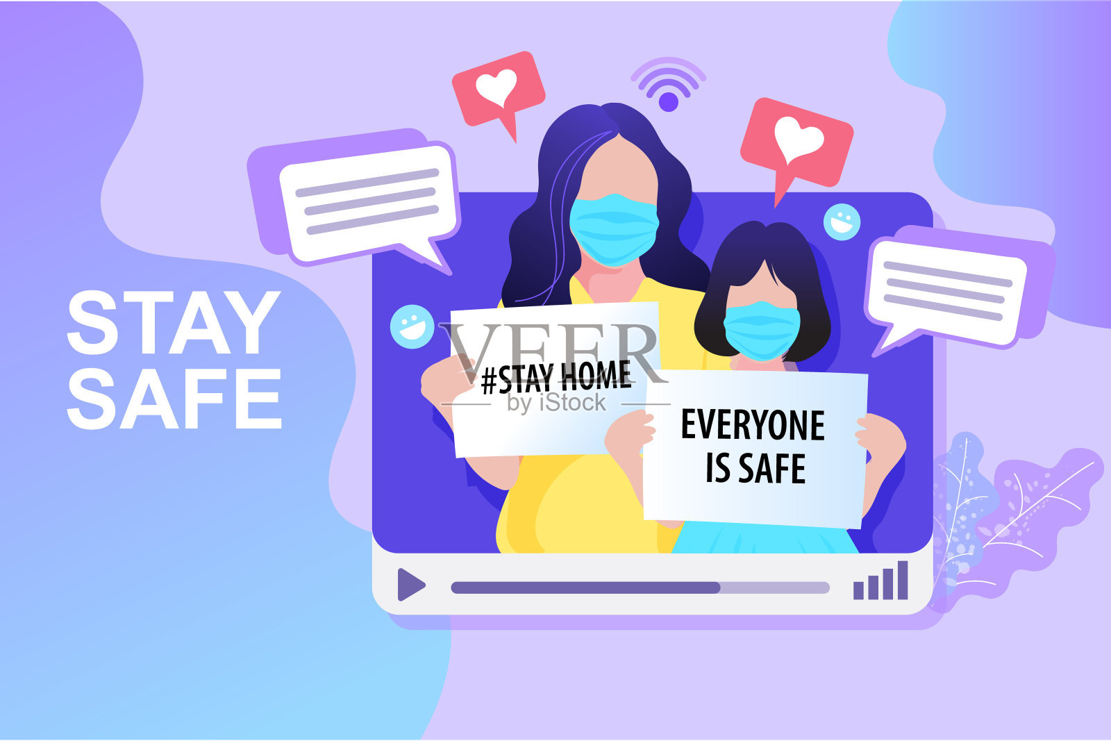 年轻妇女和女孩，戴着口罩，手持海报，要求其他人通过“待在家里”的理念来避免和预防冠状病毒大流行和新冠病毒的传播。插画图片素材