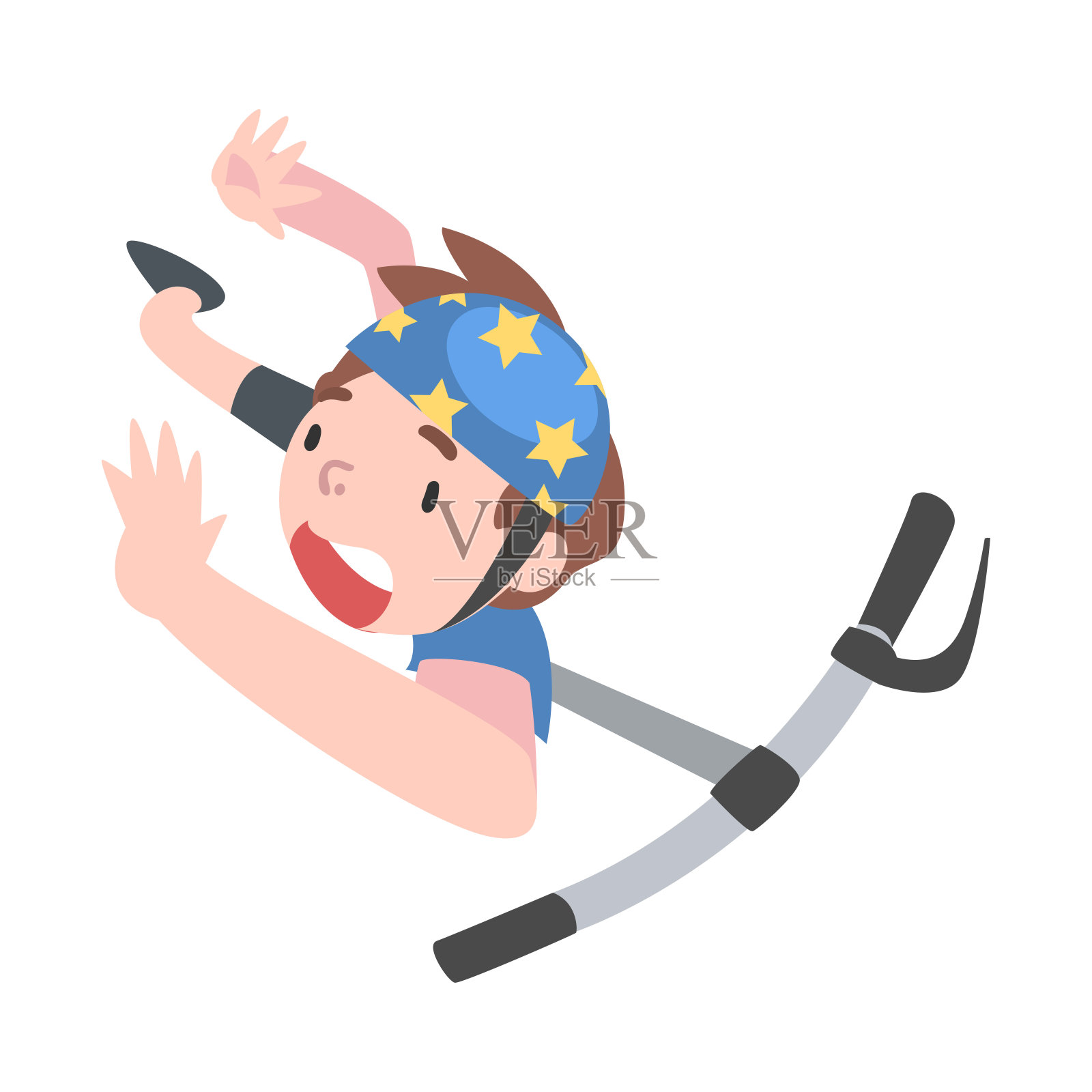 男孩在安全帽下从踢踏车，从上面看，创伤事故，健康风险卡通风格矢量插图设计元素图片