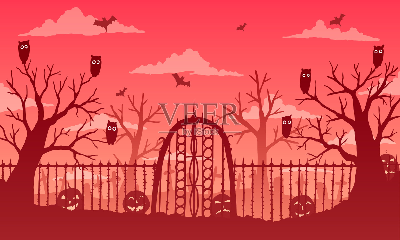 矢量插图。万圣节。在南瓜和墓地之间有栅栏的大门插画图片素材