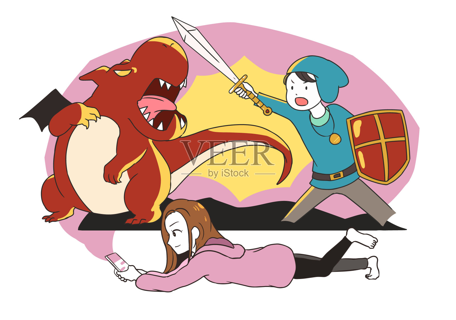 一个女人在玩智能手机游戏，侧面的RPG系统插画图片素材