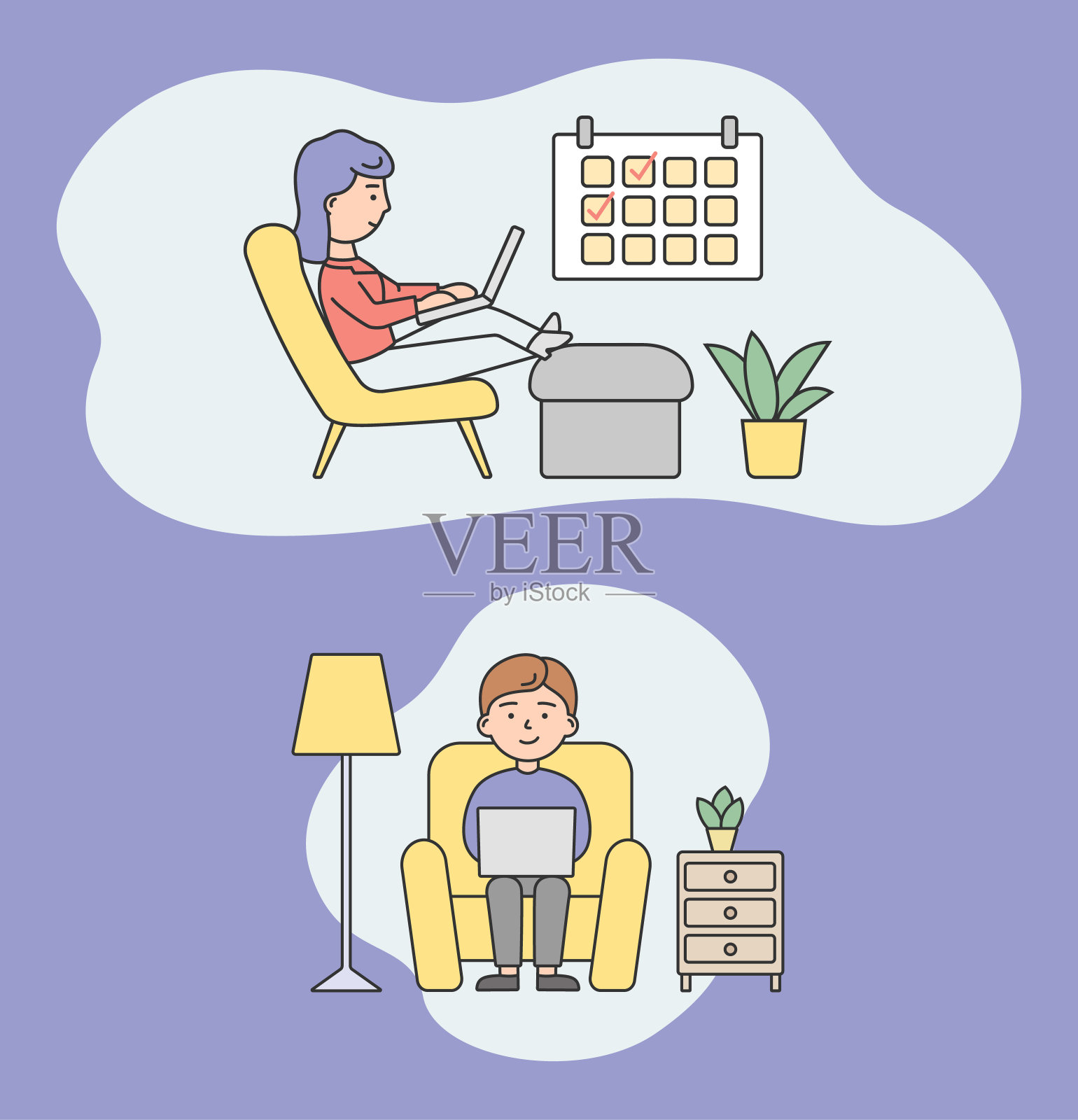 互联网用户，远程工作或教育概念。男性自由职业者坐在沙发上用笔记本电脑检查邮件。女人在日历上打勾。卡通平面风格矢量插图插画图片素材