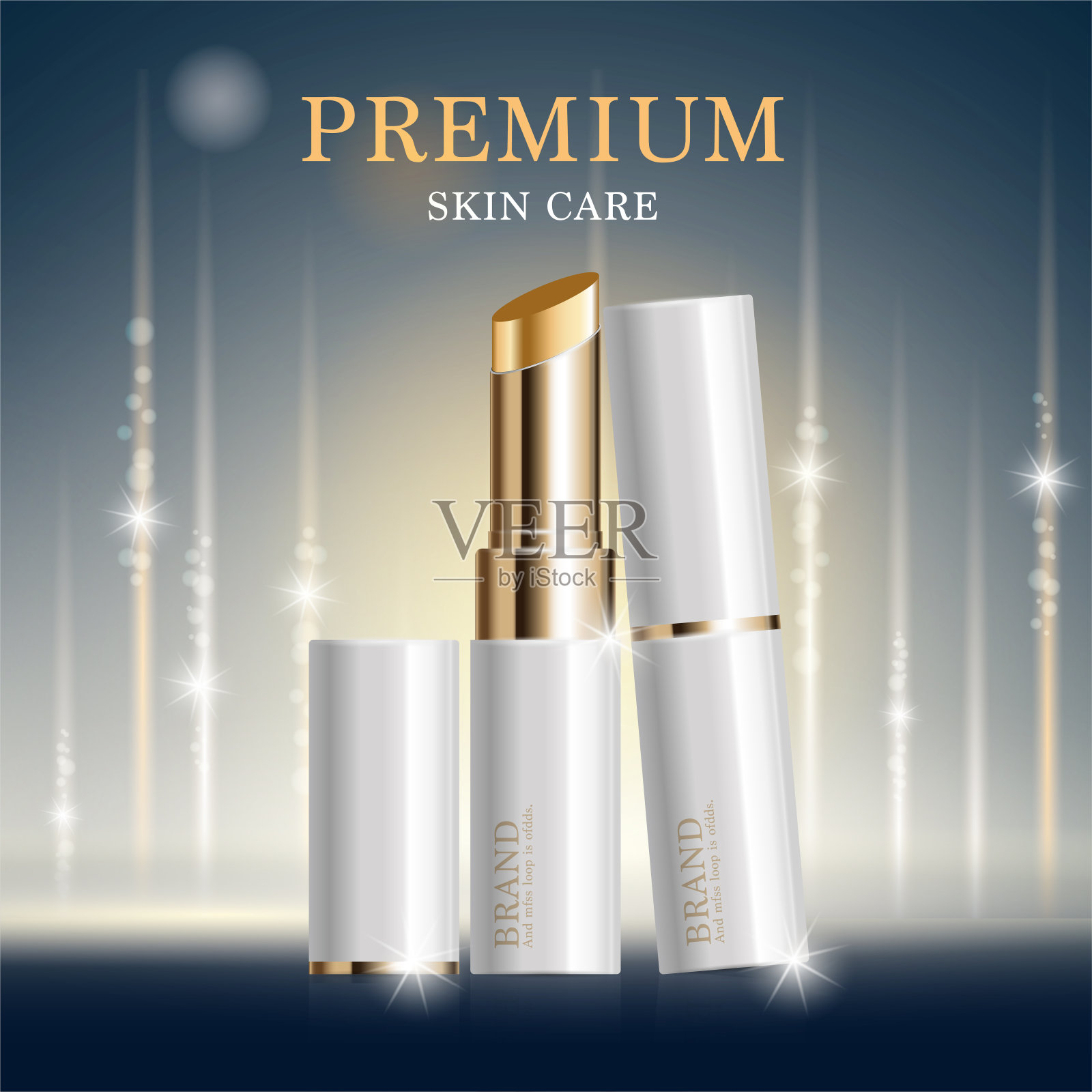 补水面部唇膏每年或节日促销。银色和金色的唇膏面膜瓶上隔离亮片颗粒背景。优雅的化妆品广告。插画图片素材