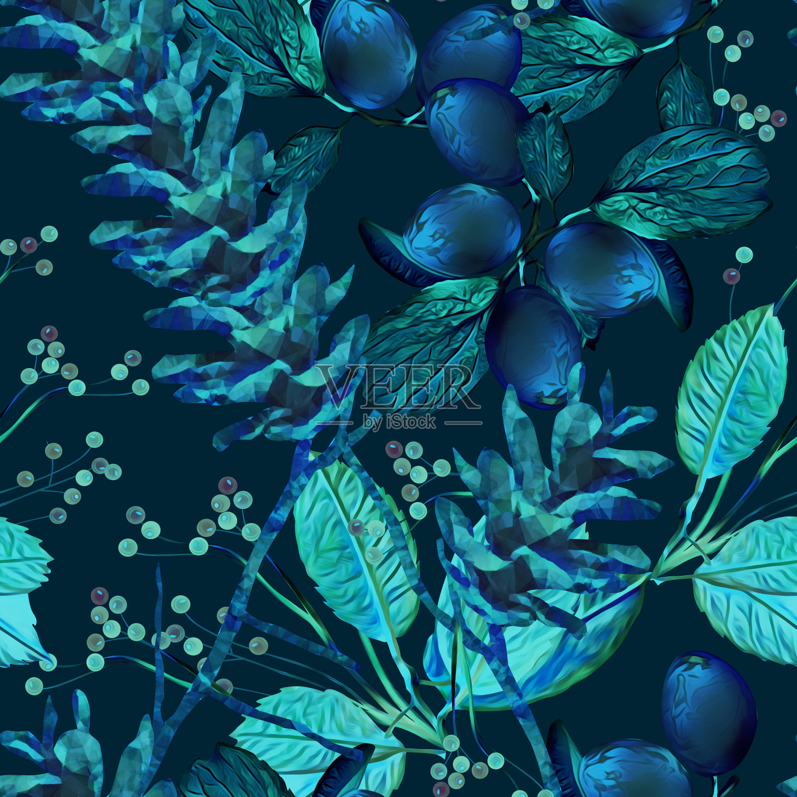 无缝模式与松果、葡萄和浆果。插画图片素材