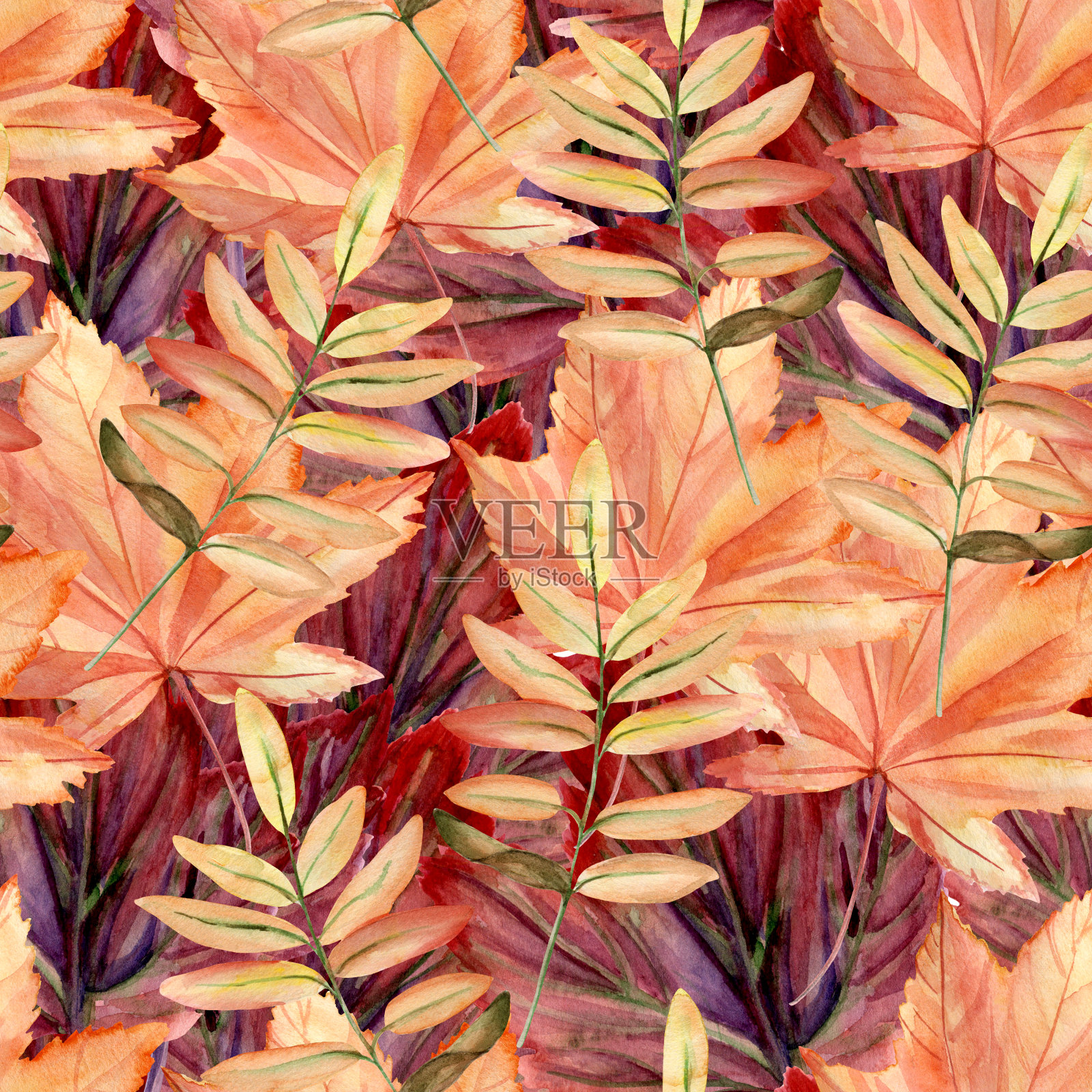 水彩手画无缝图案与秋叶和树枝。插画图片素材