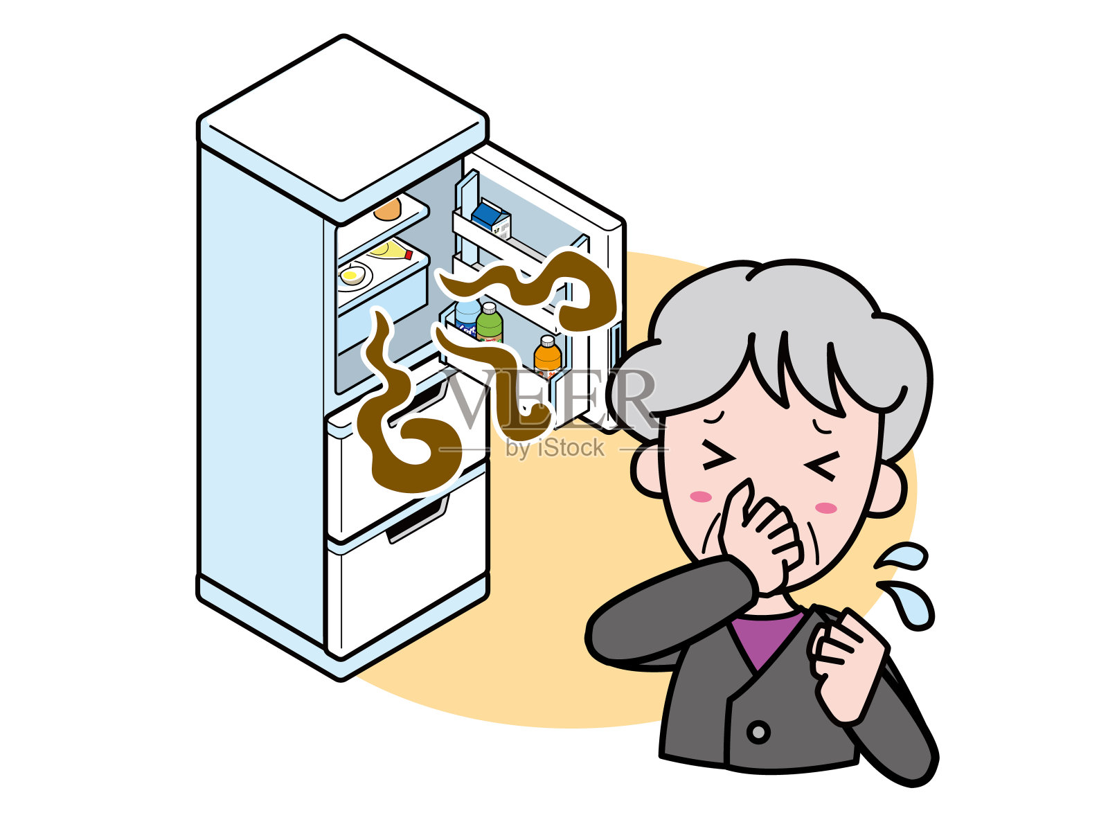 一个因冰箱气味难闻而陷入困境的老妇人插画图片素材