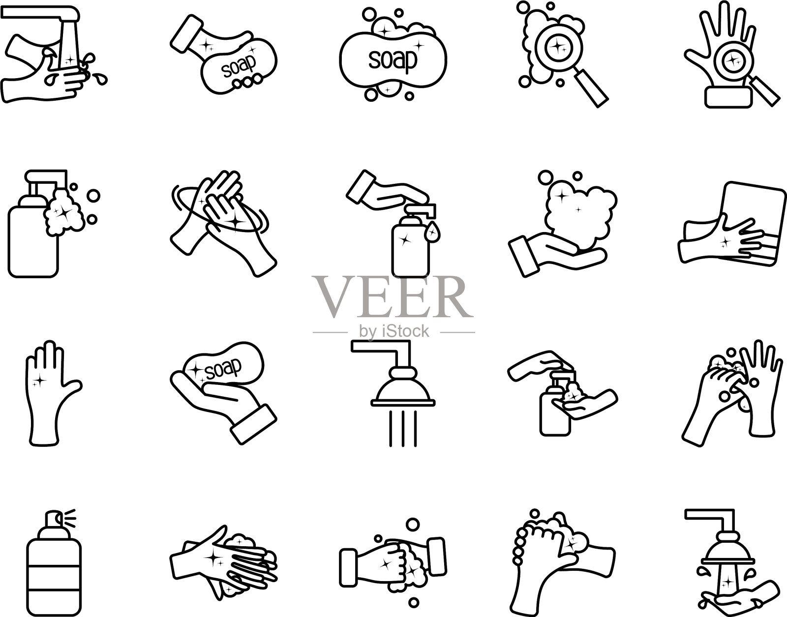 水和手卫生图标设置线条风格图标素材