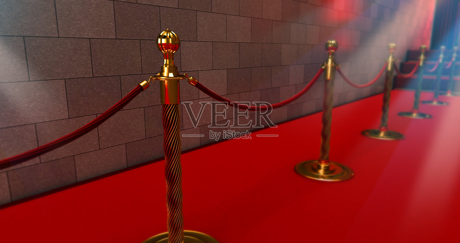 入口处的绳索护栏之间铺着长长的红地毯。红毯上的成功之路。三维渲染照片摄影图片
