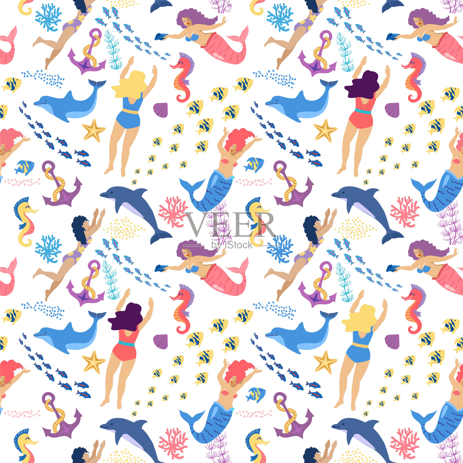 美人鱼和游泳女孩无缝图案上插画图片素材