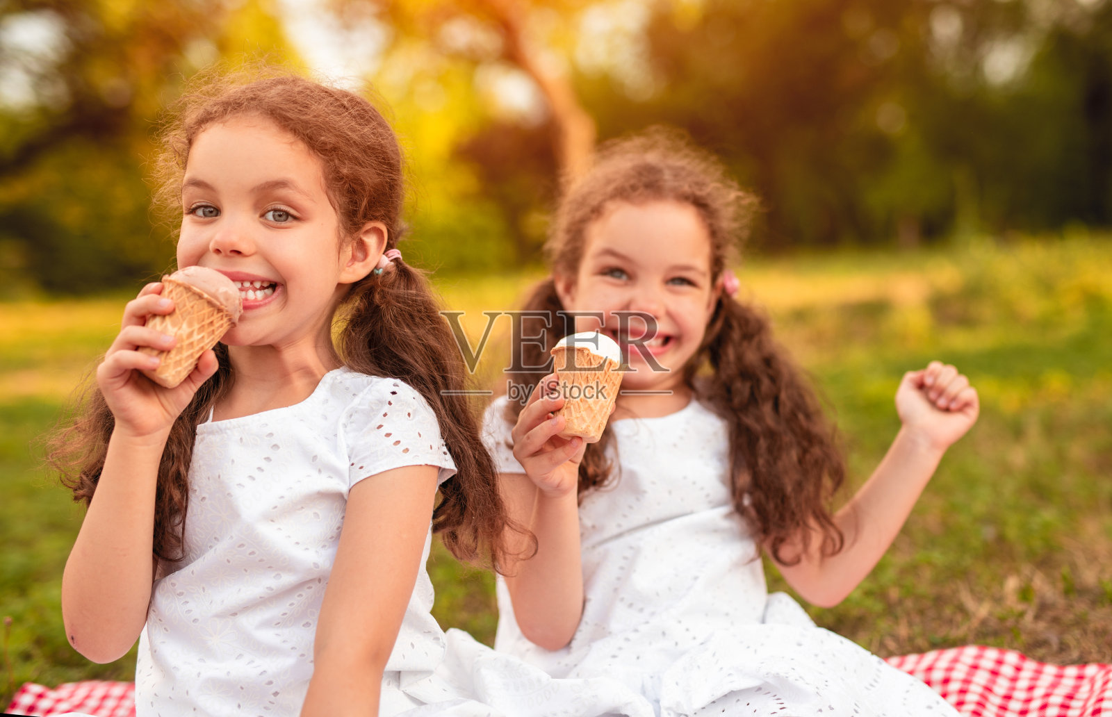 快乐的姐妹们在公园吃冰淇淋照片摄影图片