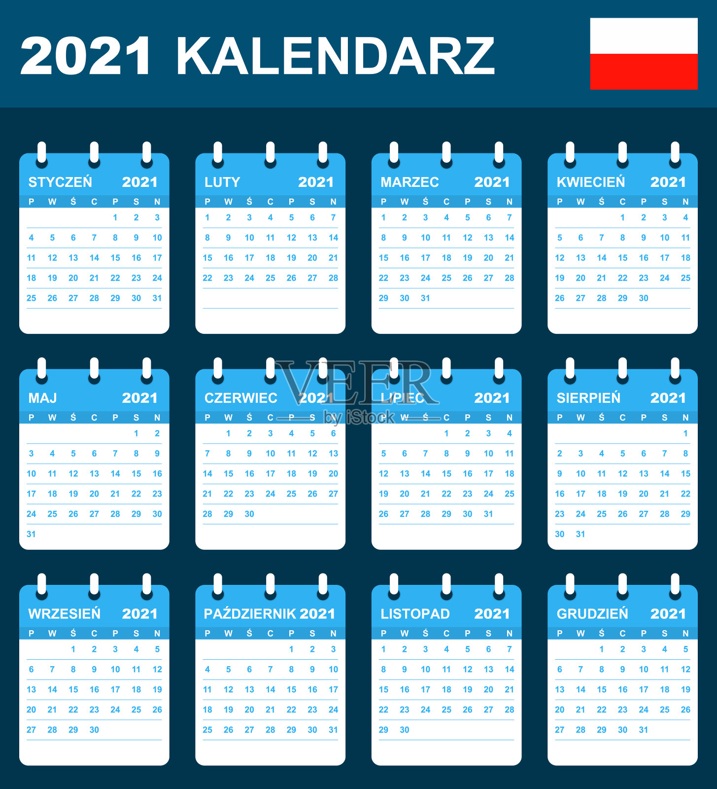 波兰的2021年日历。调度程序，议程或日记模板。一周从周一开始设计模板素材