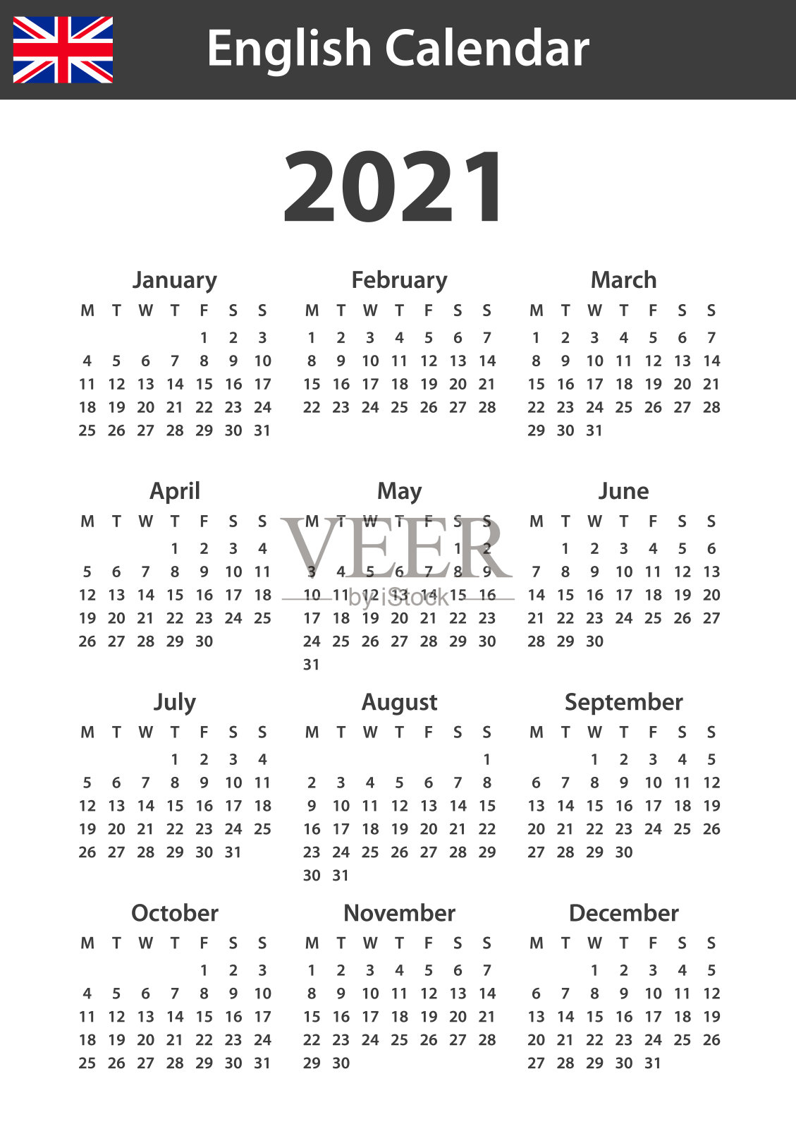 2021年英语日历。调度程序，议程或日记模板。一周从周一开始设计模板素材