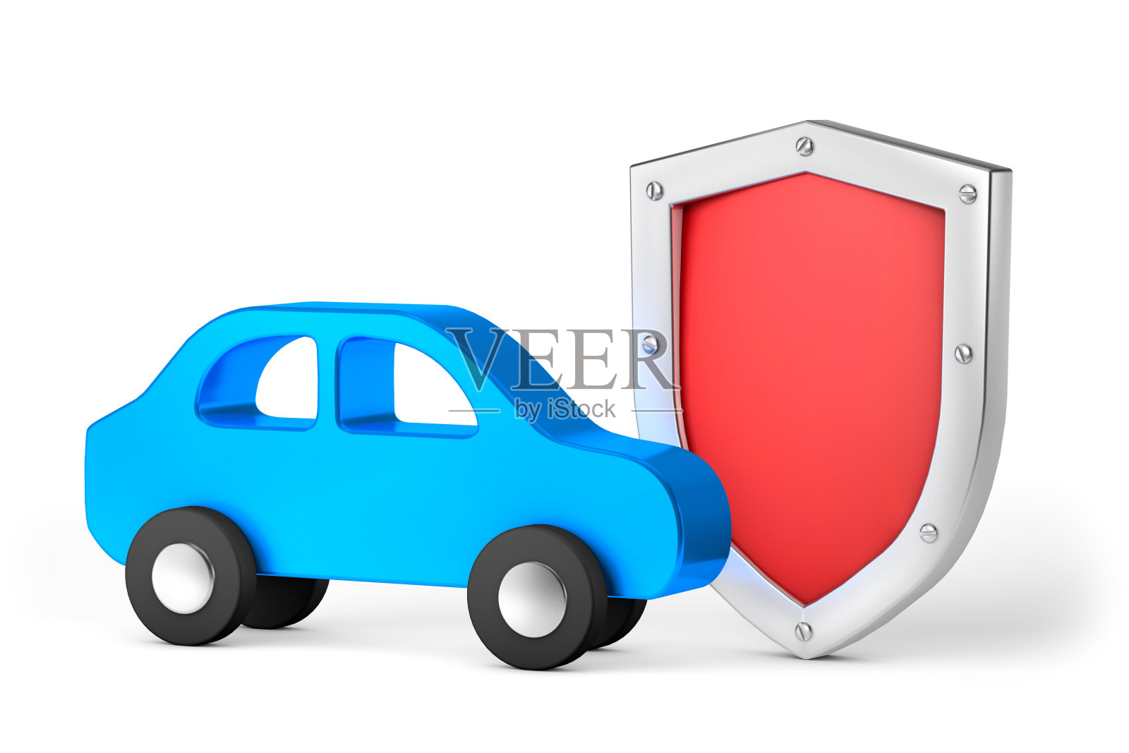 有红色盾牌的蓝色汽车。汽车保护或保险。孤立在白色背景上。三维渲染照片摄影图片