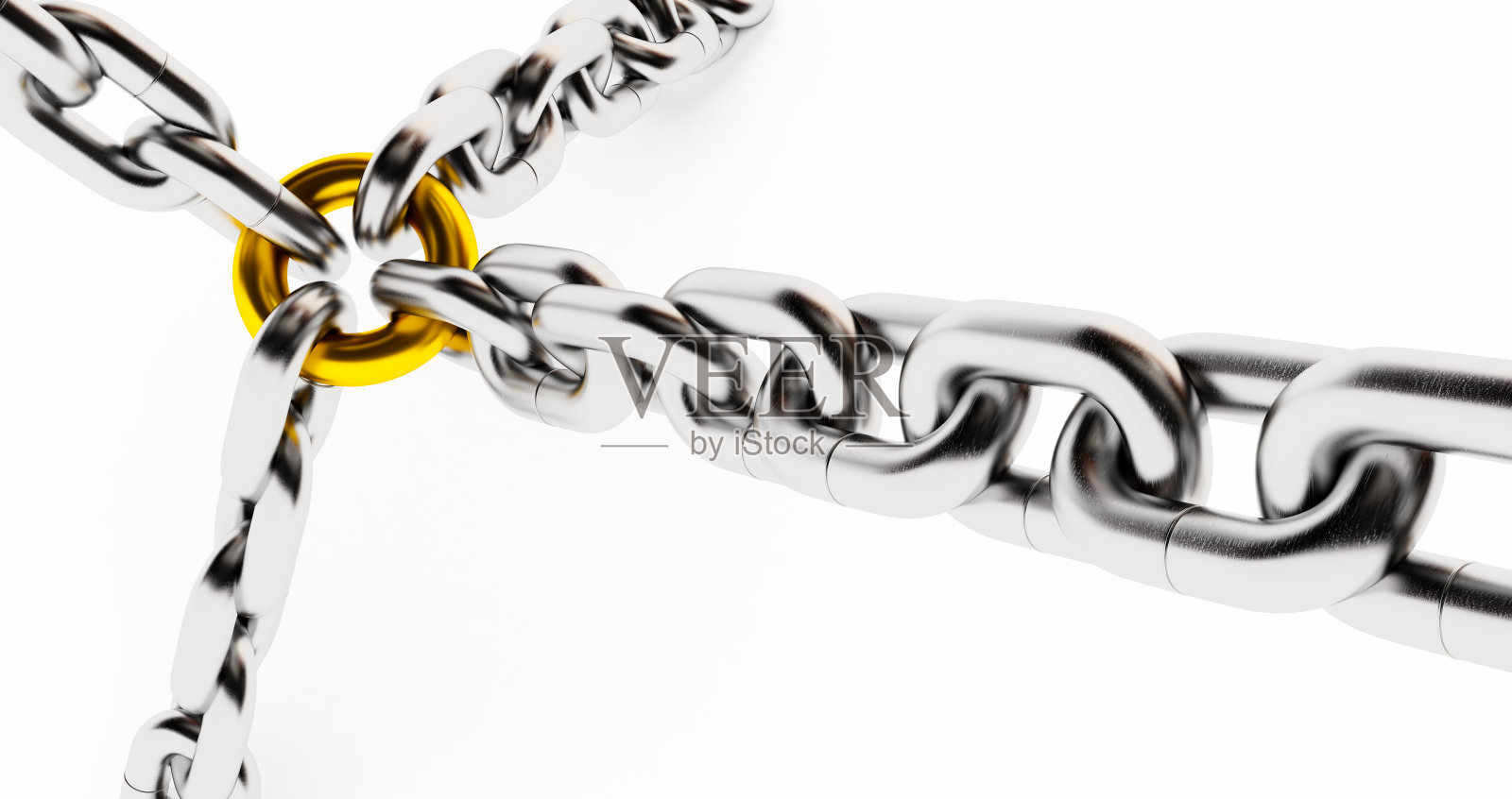 由一个链环连接的钢链。金属链链孤立在白色背景上。三维渲染照片摄影图片