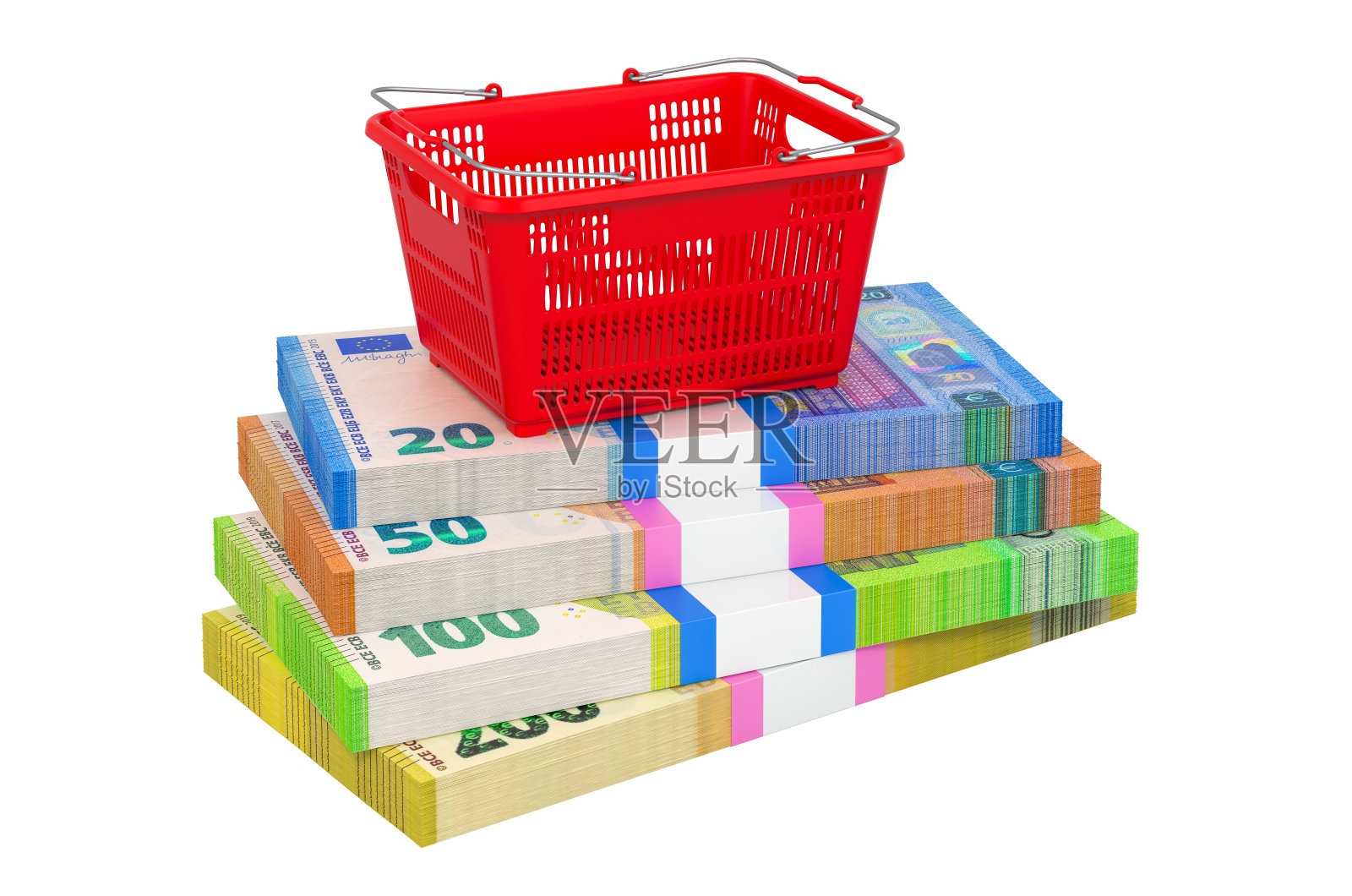 欧元包上的购物篮，白色背景上的3D渲染隔离照片摄影图片