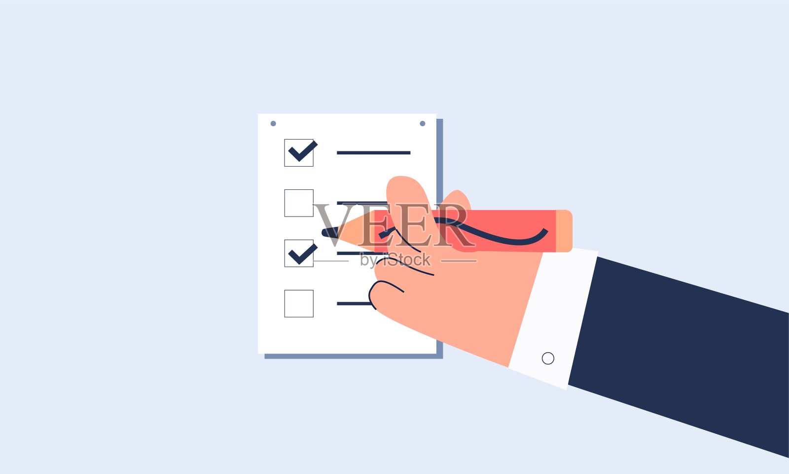 业务计划清单说明。在新项目的市场推广计划中，用铅笔做笔记。插画图片素材