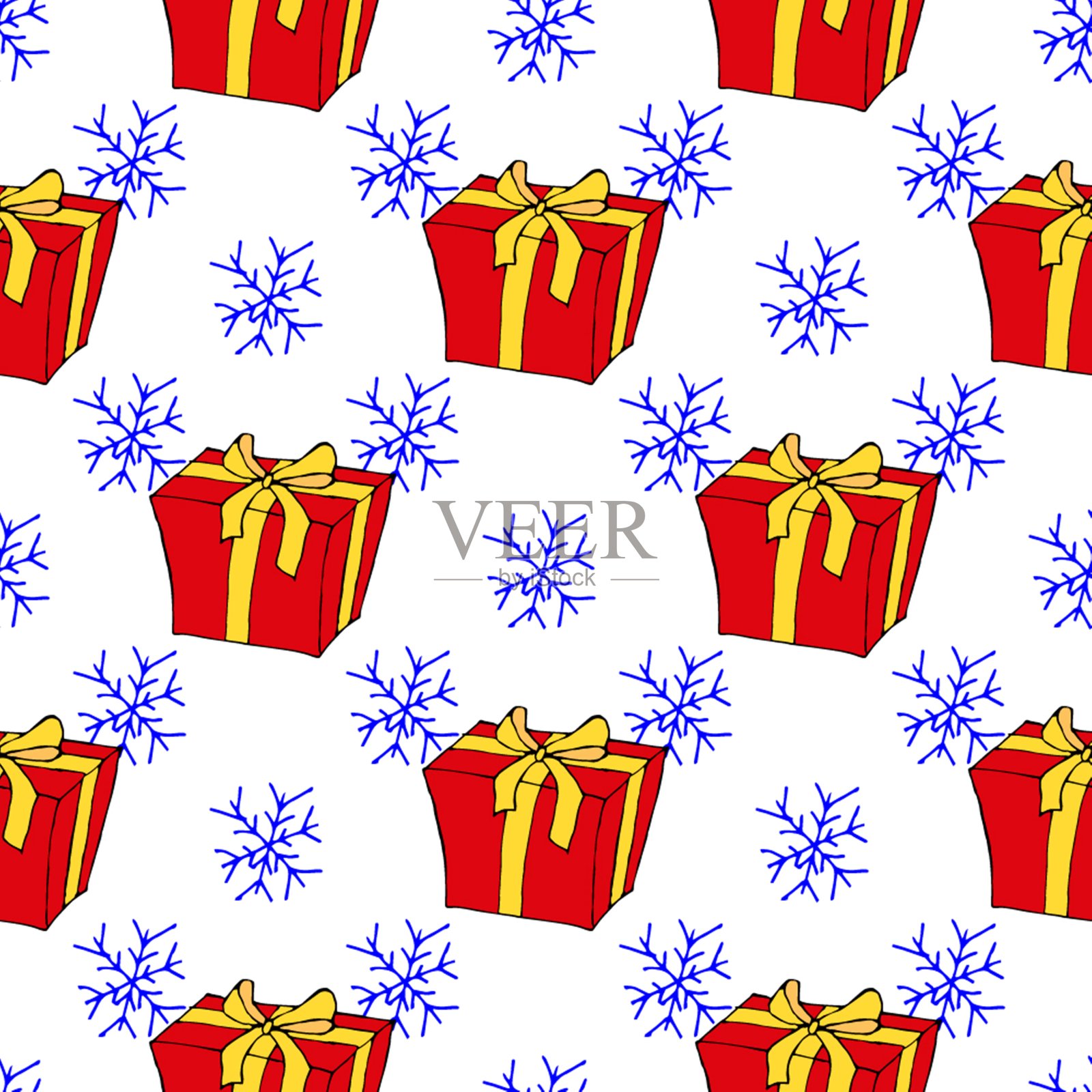 圣诞节无缝图案与圣诞玩具、礼物和雪花。完美的壁纸，包装纸，图案填充，冬季问候，网页背景。单独的插图。白色的孤立的背景插画图片素材