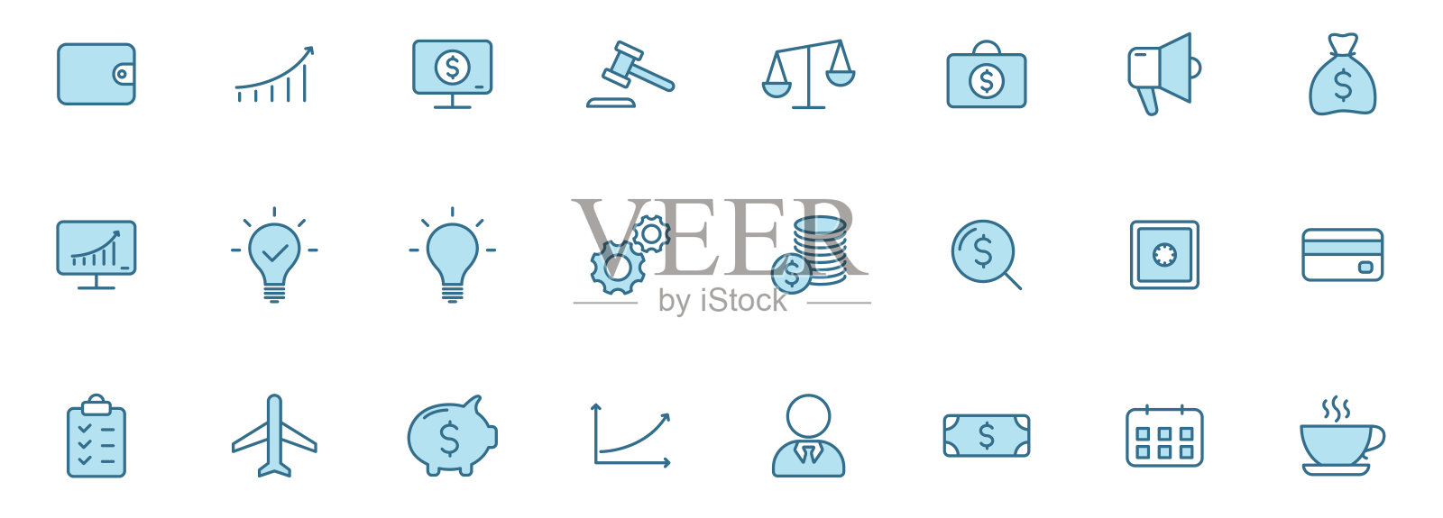 业务大纲矢量图标，两种颜色隔离在白色上。商业蓝色图标集网页设计，移动应用程序，ui设计和打印。图标素材