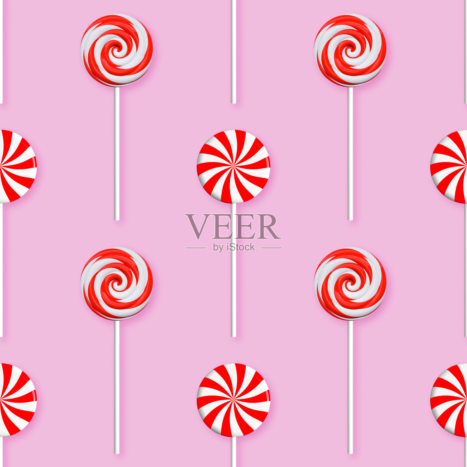 无缝纹理条纹红白棒棒糖在粉红色的背景。3D渲染和3D插图。照片摄影图片