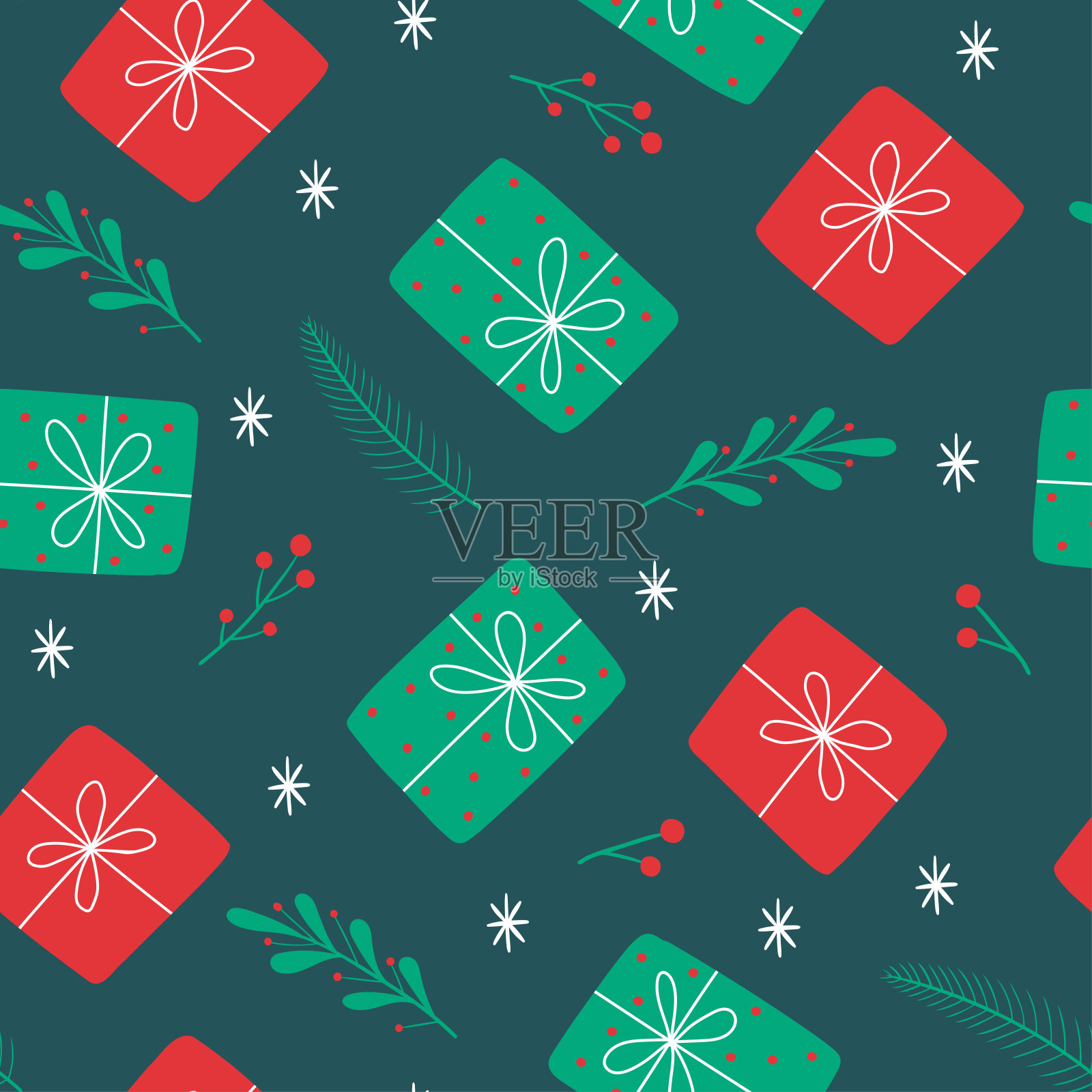 圣诞节无缝图案与礼物，浆果，杉木树枝。向量圣诞插图。礼品包装或织物设计背景。插画图片素材