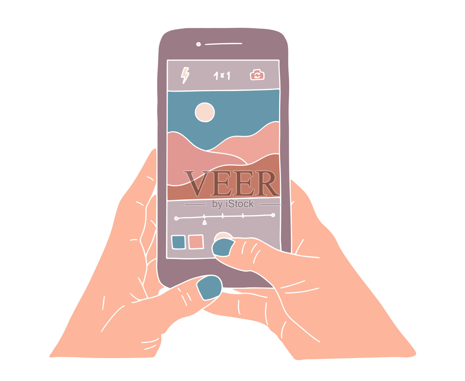 人手握智能手机，拍出美丽的自然风景照片。风景照片拍摄平面彩色卡通矢量插图。插画图片素材