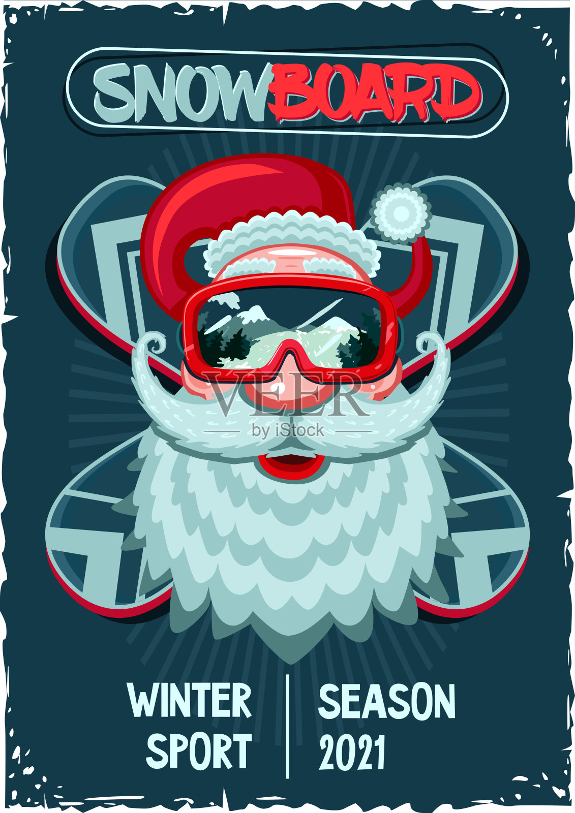 滑雪圣诞老人。复古海报。头部戴着滑雪板面罩。冬季运动矢量插图。插画图片素材