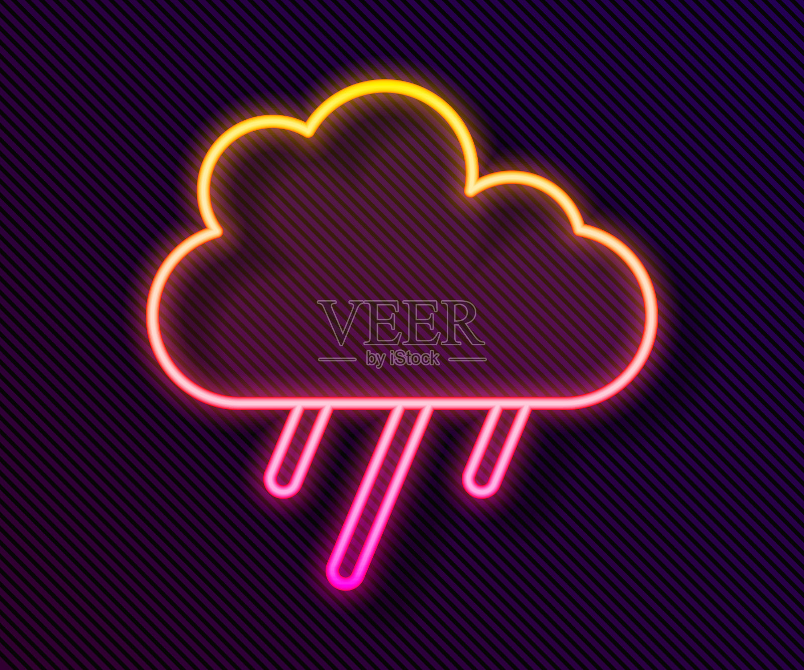 发光的霓虹线云与雨图标孤立在黑色背景。雨云与雨滴一起沉淀。向量插画图片素材